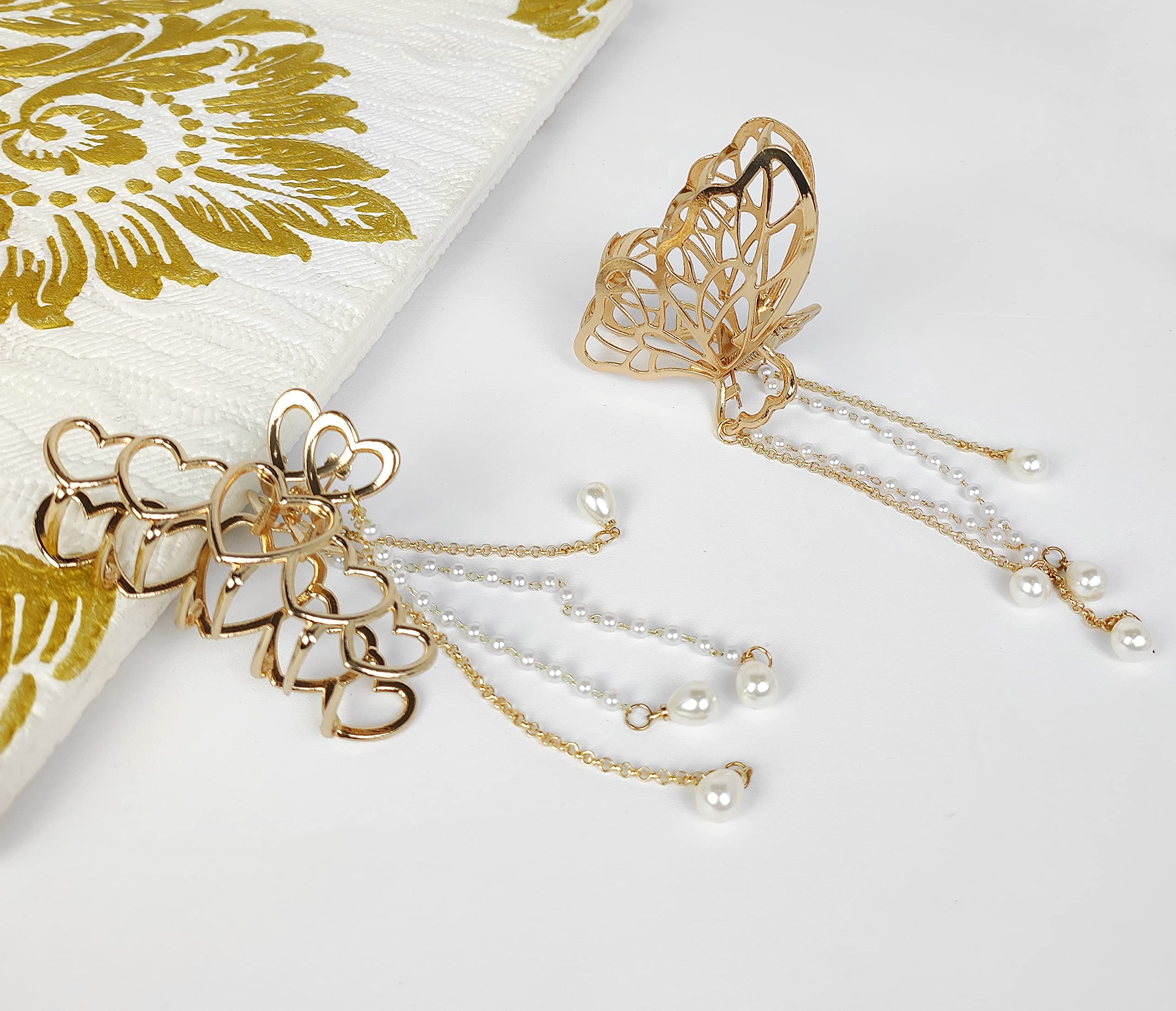 Korean Style Pearl Metal Hair Claw Clip - Golden Heart Hair Clutch with Tassel (2 Pack) | Elegant Hair Accessories for Women & Girls | Perfect for Parties, Weddings & Daily Styling