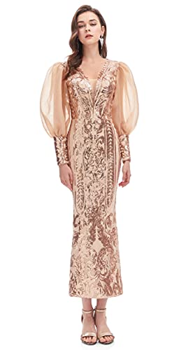 Ikerenwedding Women's Sparkling Sequins Sheer Sleeve Tea-Length Mermaid Evening Dress for Prom, Party & Special Occasions