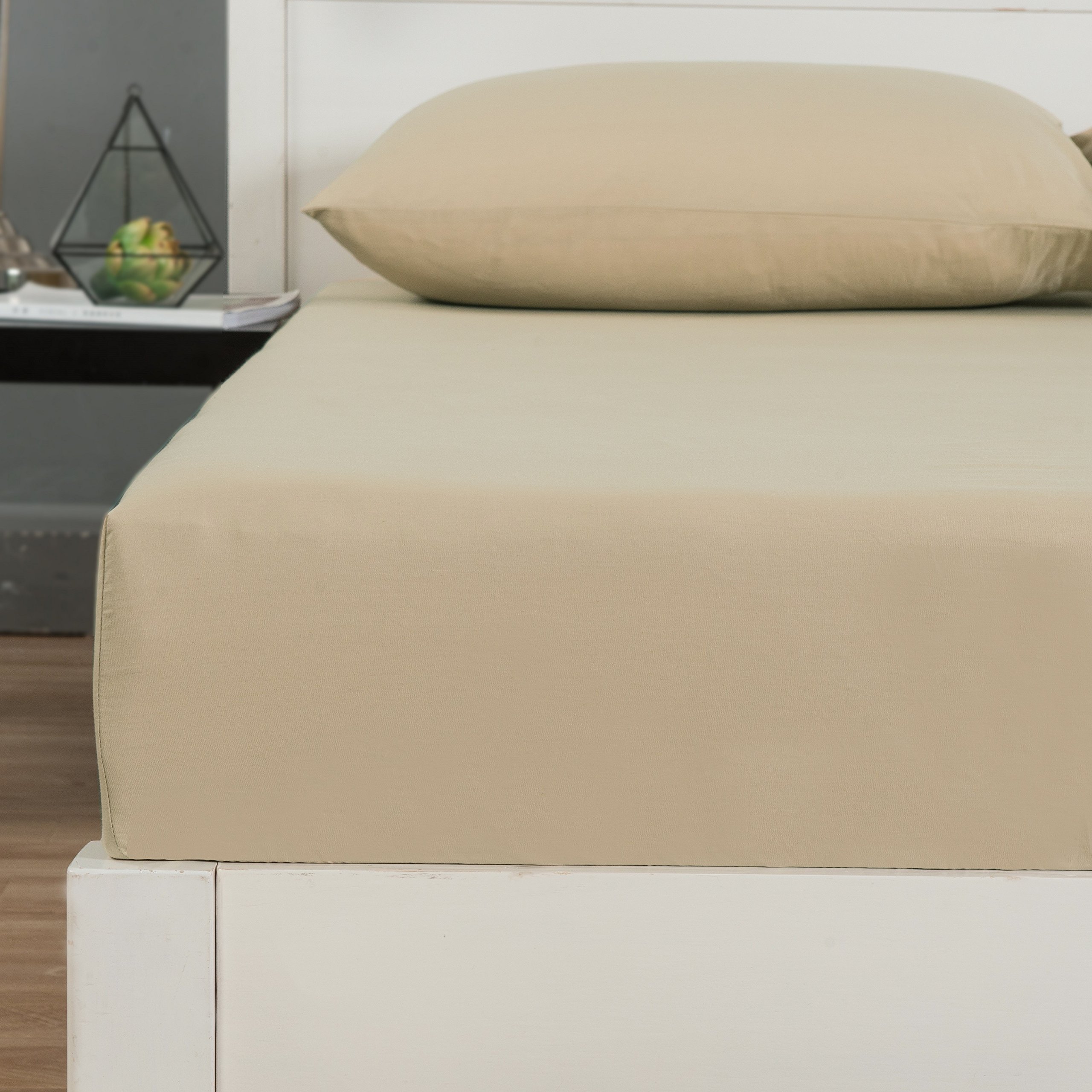 Luxury Soft Cotton Fitted Sheet with Pillow Cases - Neutral Solid Sandy Beige Tan - Full Size 3-Piece Bedding Set for Comfortable Sleep & Home Decor