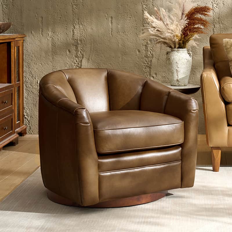 **Misha Barrel Armchair with Genuine Leather – Modern Living Room Chair for Home, Office & Lounge – Comfortable Leather Accent Chair**