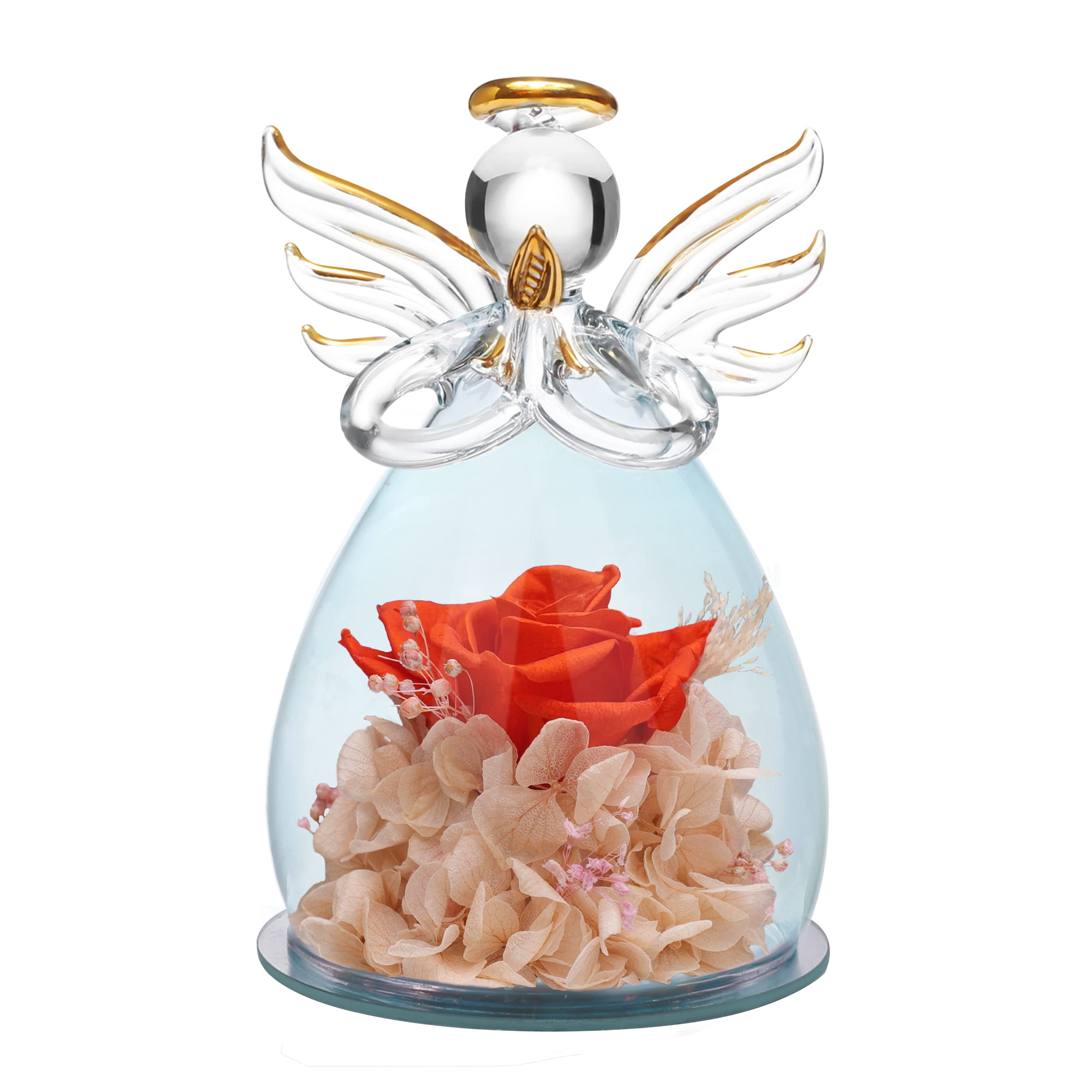ANLUNOB Preserved Rose Glass Angel Figurine with Orange Flowers - Perfect Birthday, Anniversary, Wedding Gift for Women, Mom, Grandma, Wife - Ideal for Home Decor, Romantic Surprises & Special Occasions