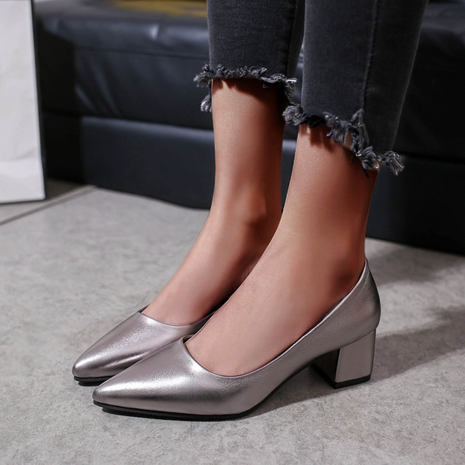 Women's Comfortable Slip-On Chunky Heel Sandals - Pointed Toe Solid Color Low Heels (1.97