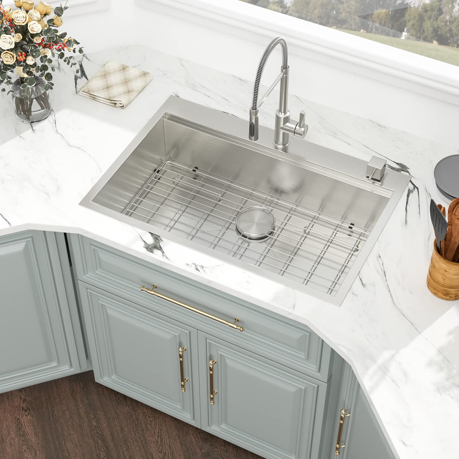 33 Inch Drop-In Stainless Steel Kitchen Sink - 16 Gauge Single Bowl Topmount Sink with Ledge Workstation & Accessories | Perfect for Food Prep, Dishwashing & Modern Kitchen Renovations