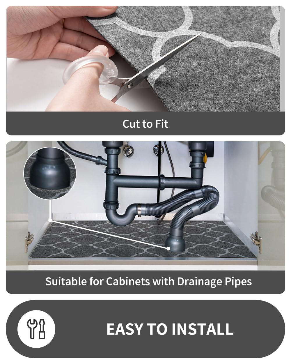 COCOER Absorbent Under Sink Mat - 100% Waterproof Backing, Non-Adhesive Kitchen & Bathroom Sink Liner (22