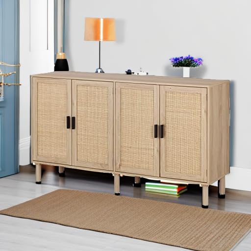 Finnhomy 4-Door Sideboard Buffet Cabinet with Rattan Doors - 62.3