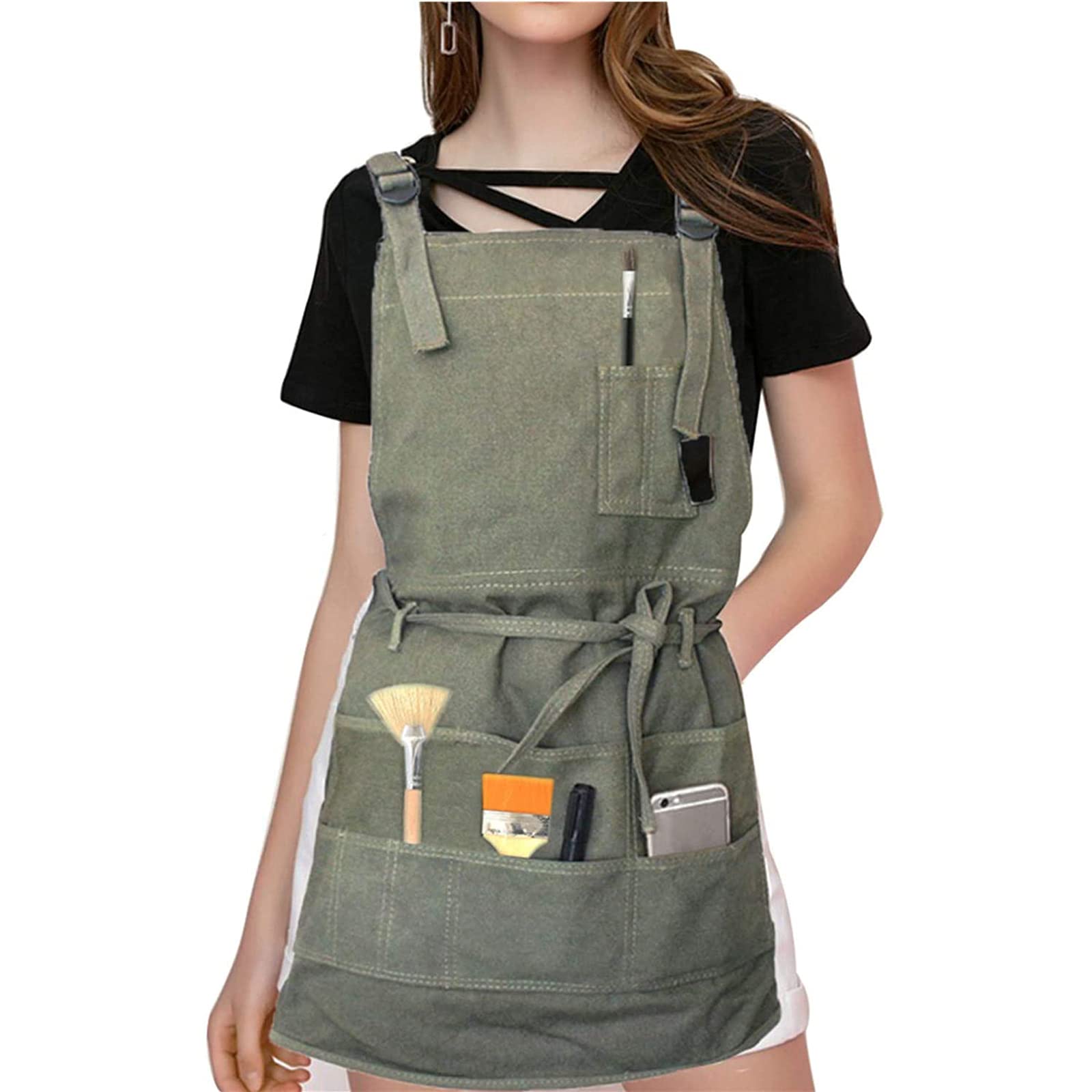 Durable Waxed Canvas Work Apron with Adjustable Cross-Back Straps & Multiple Tool Pockets - Heavy Duty Workshop Apron for Men & Women - Perfect for Woodworking, Gardening, Cooking & DIY Projects
