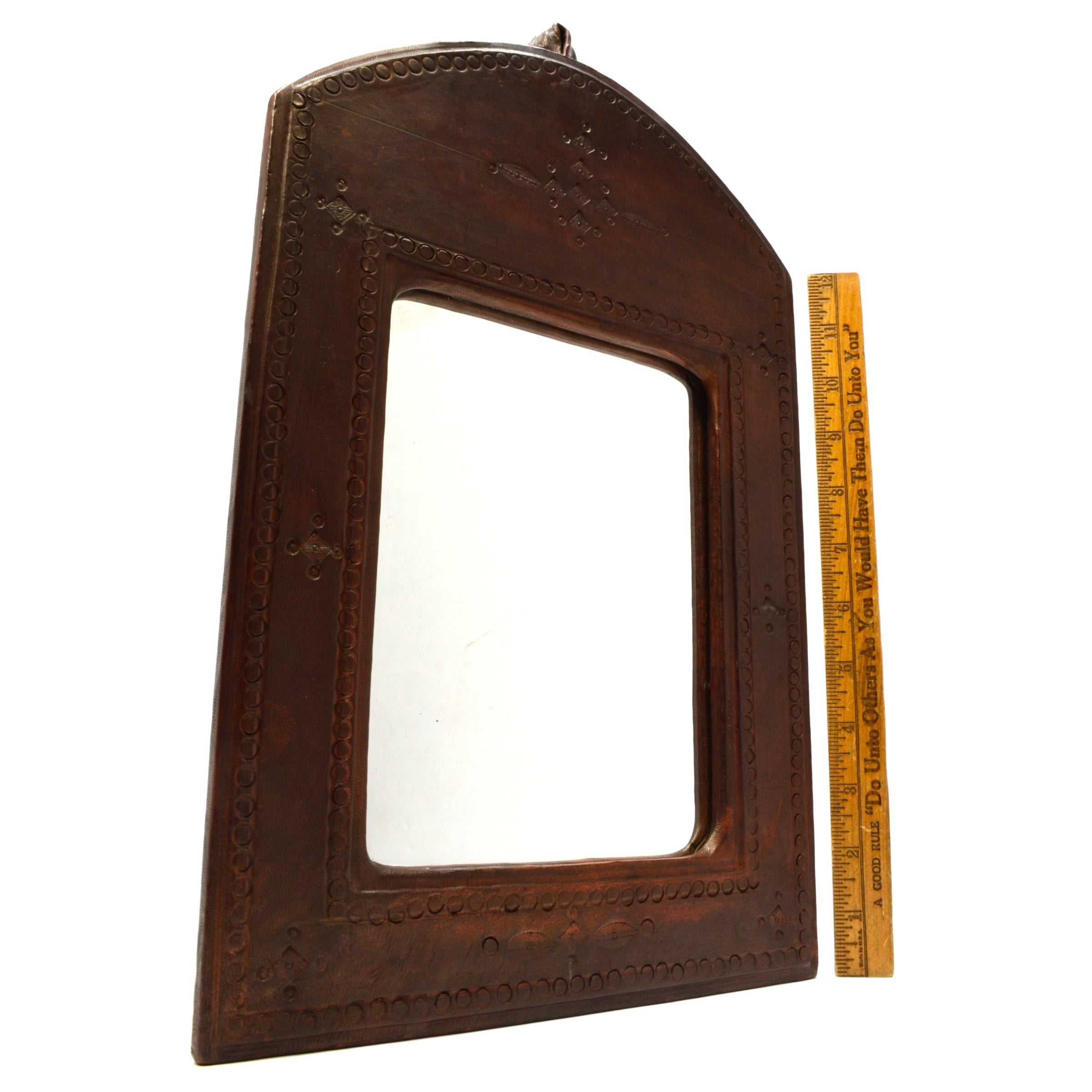 Handmade Antique Leather Wrapped Wood Mirror - Custom Small Wall Decor 10 x 14.5 Inches - Perfect for Vintage Home Decor, Bedroom, Living Room & Bathroom