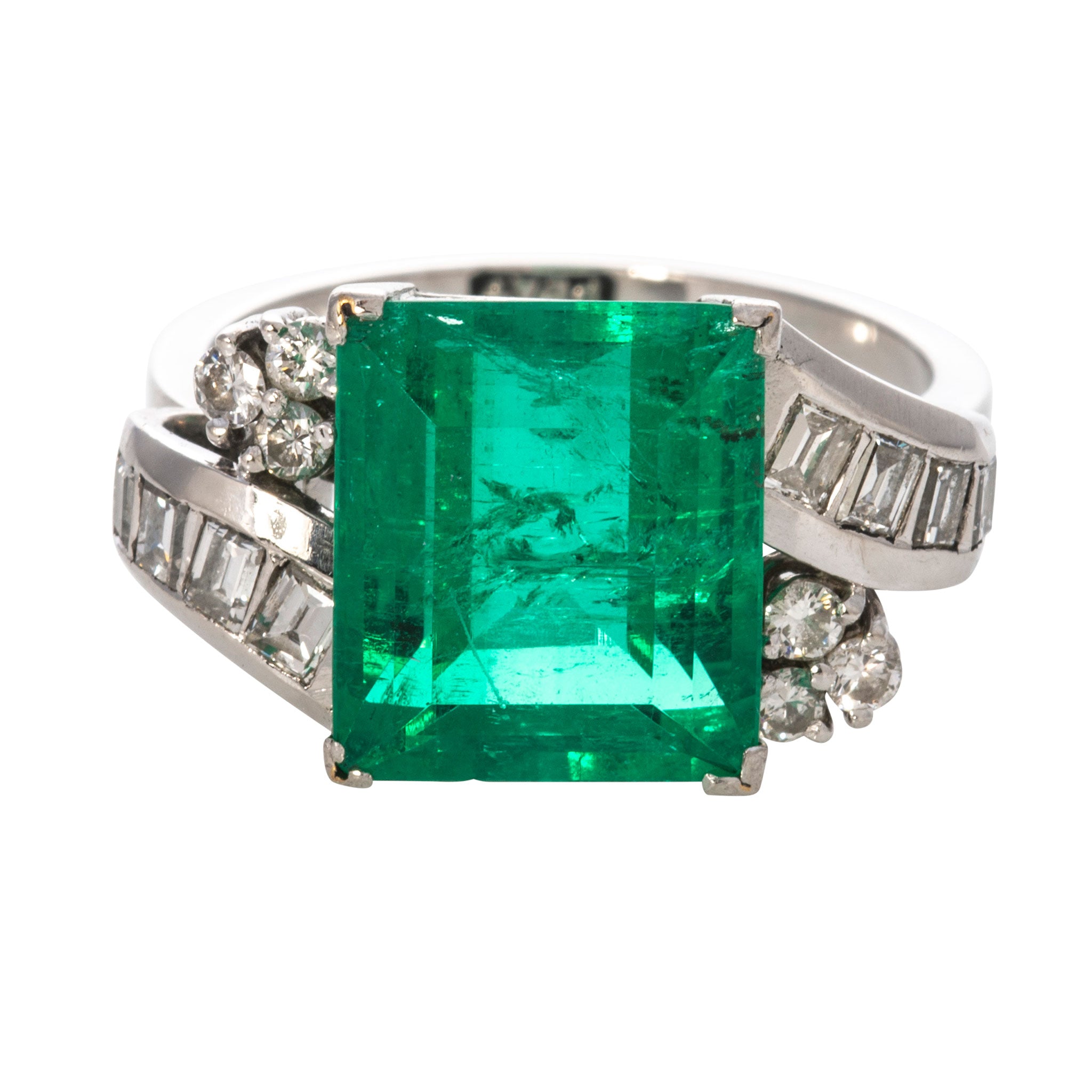 6.4ct Art Deco Emerald Cut Emerald & Diamond Platinum Ring - Vintage Engagement, Wedding, Anniversary Jewelry Gift for Her