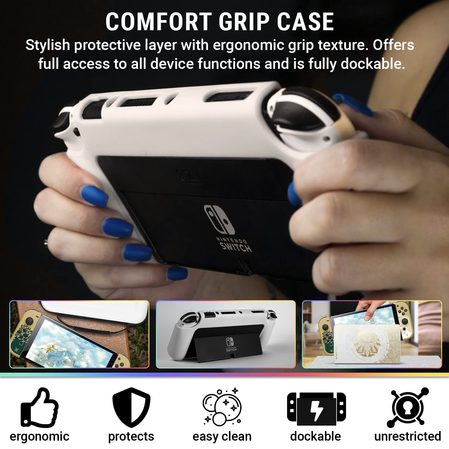 Orzly Nintendo Switch OLED Accessory Bundle Kit - Essential Pack with Case, Screen Protector, Comfort Grip Cover, Headphones, Charger Cable & Game Holder - Perfect for Travel, Gaming Parties & Home Entertainment (Gift Boxed OLED Edition)