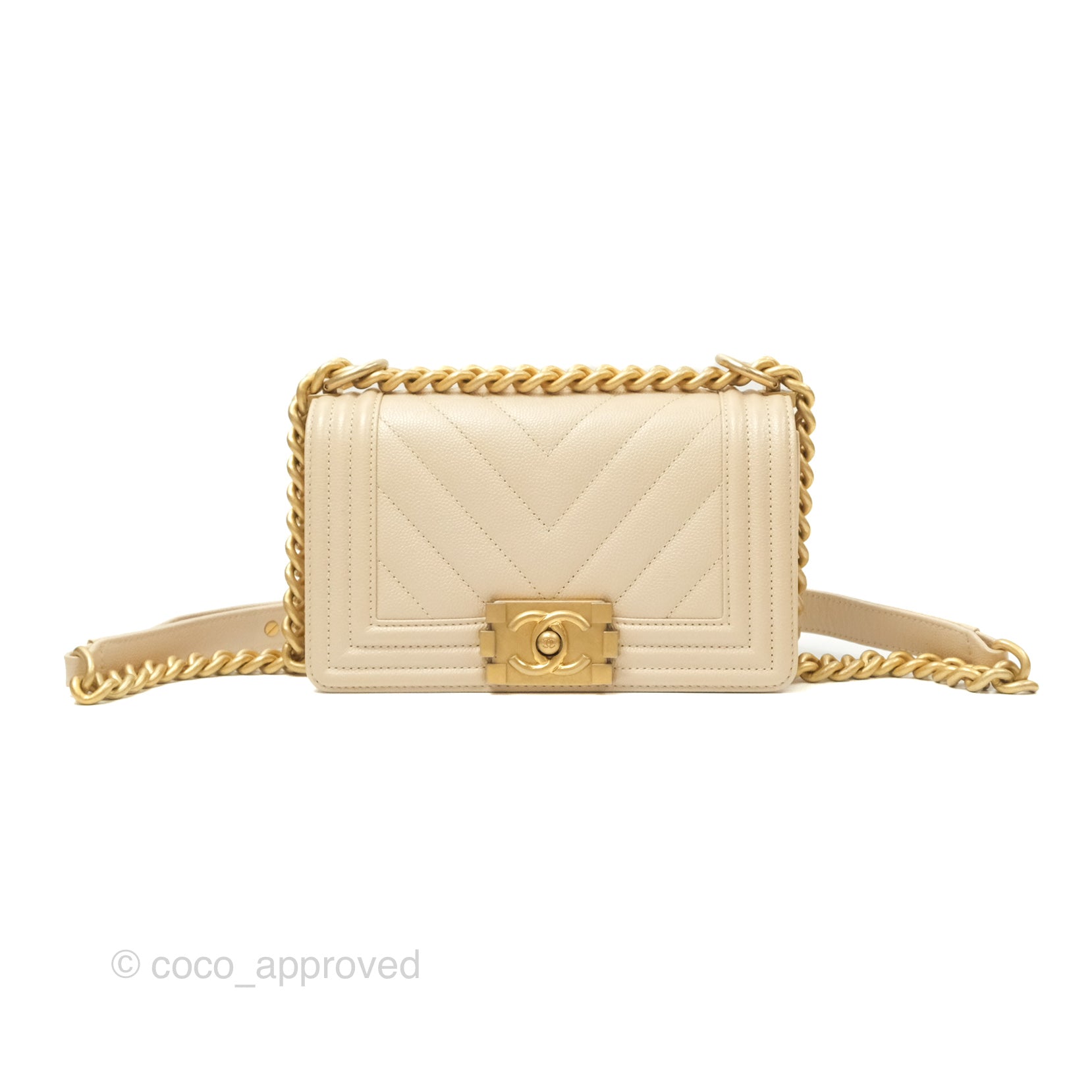 Chanel Chevron Small Boy Bag in Cream Ivory Caviar Leather with Aged Gold Hardware - Perfect for Luxury Fashion & Everyday Elegance