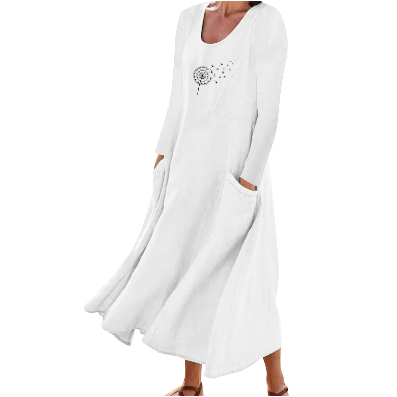 Yihaojia Women's Casual Long Sleeve Loose Cotton Linen A-Line Maxi Dress - Comfortable Fall Fashion for Everyday Wear, Outings & Relaxation