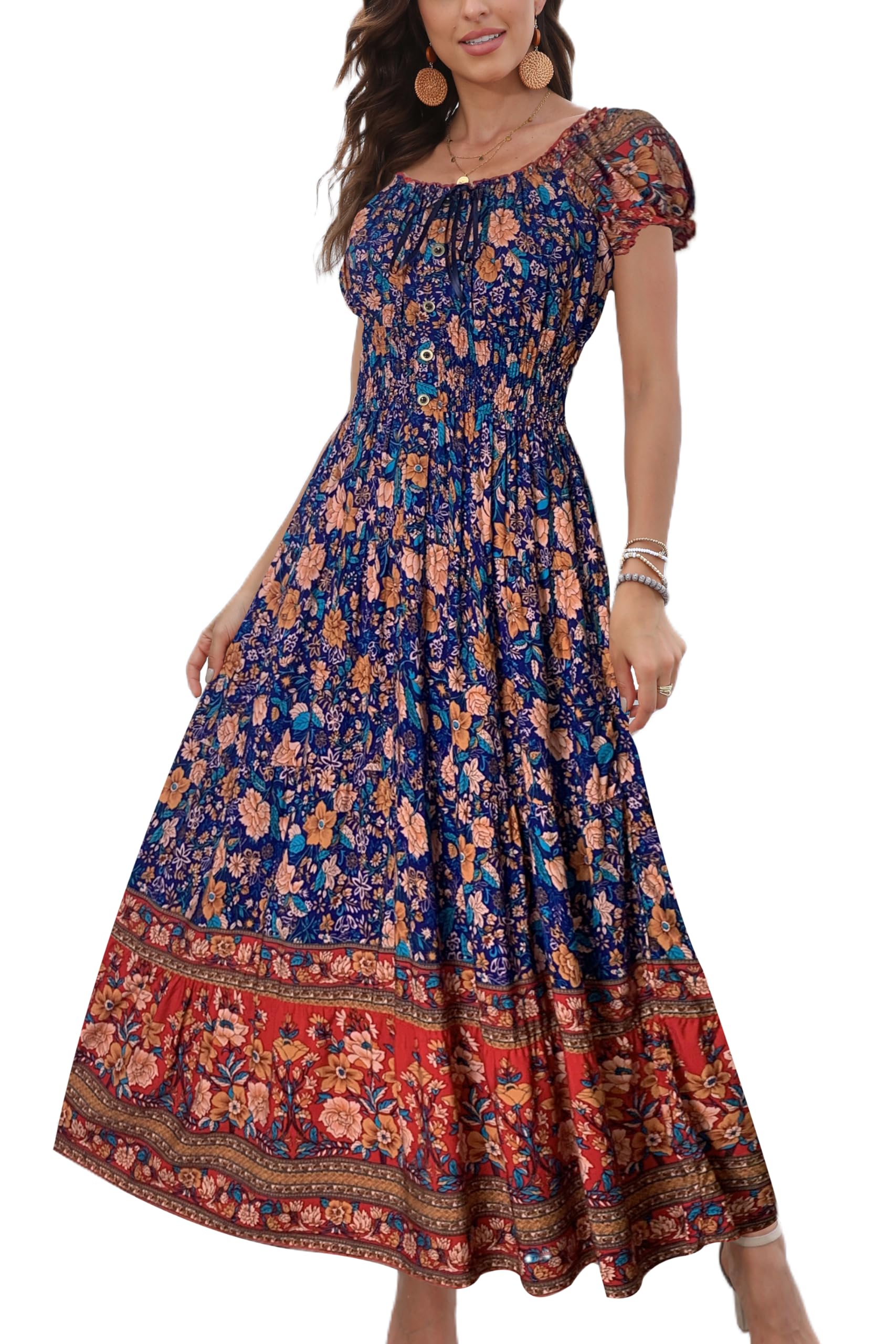 OSTOO Women's 2025 Summer Floral Maxi Dress - Boho Tiered Long Dress with Short Sleeves, Casual Flowy Beach Dress for Vacation, Party & Outdoor Date Night