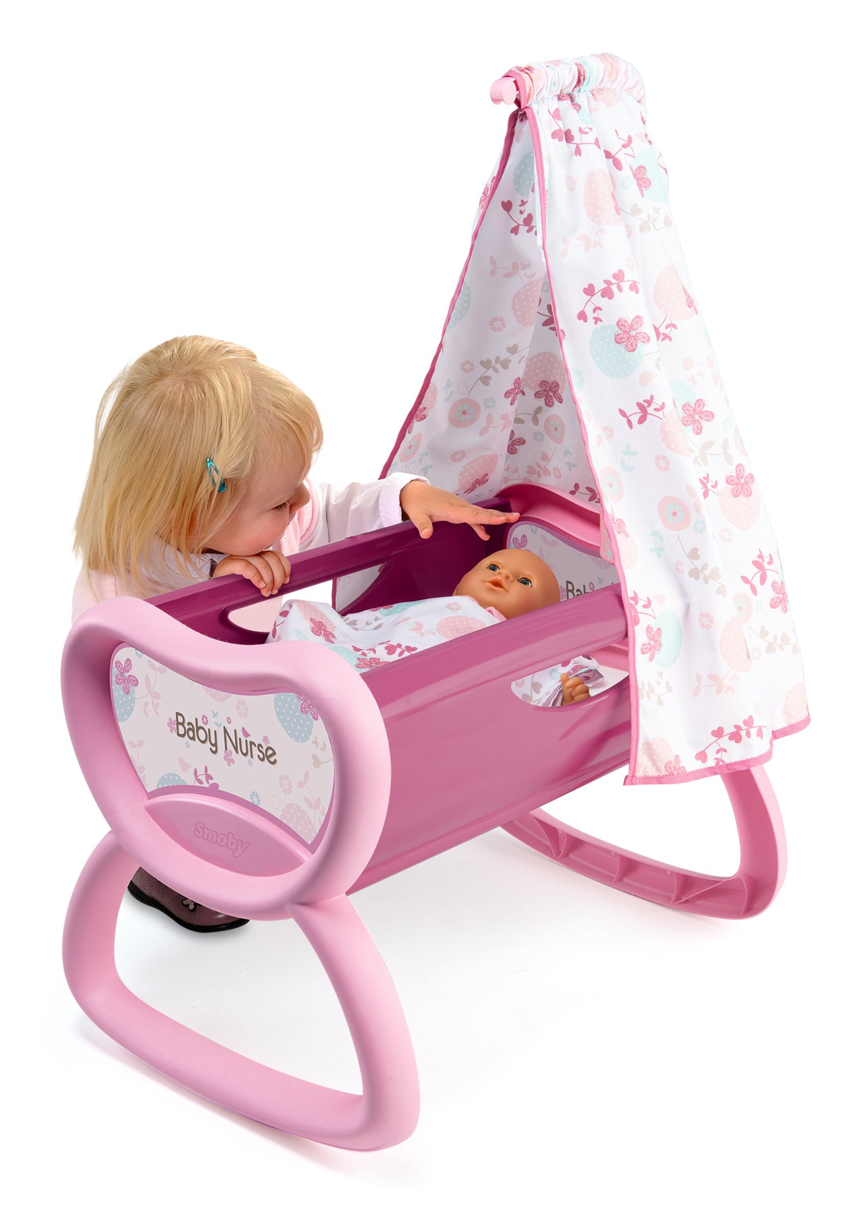 Smoby 220301 Baby Nurse Cradle - Newborn Infant Rocking Bassinet with Soft Mattress & Gentle Motion - Perfect for Nursery, Bedroom & Travel Use