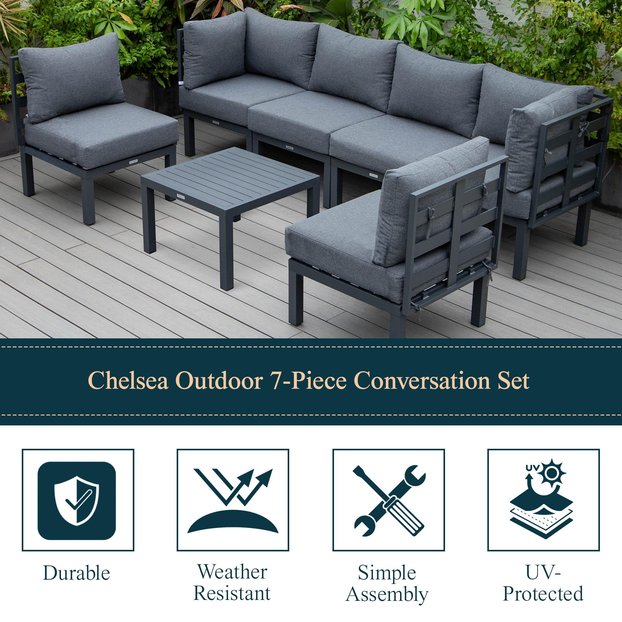 LeisureMod 7-Piece Outdoor Patio Set with Coffee Table - Black Aluminum Sectional & Cushions for Garden Relaxation