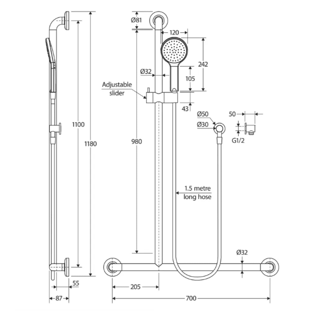 Fienza 444113BRH Right Hand Inverted T-Rail Shower System in Matte Black - Modern Bathroom Fixture for Luxurious Spa Experience