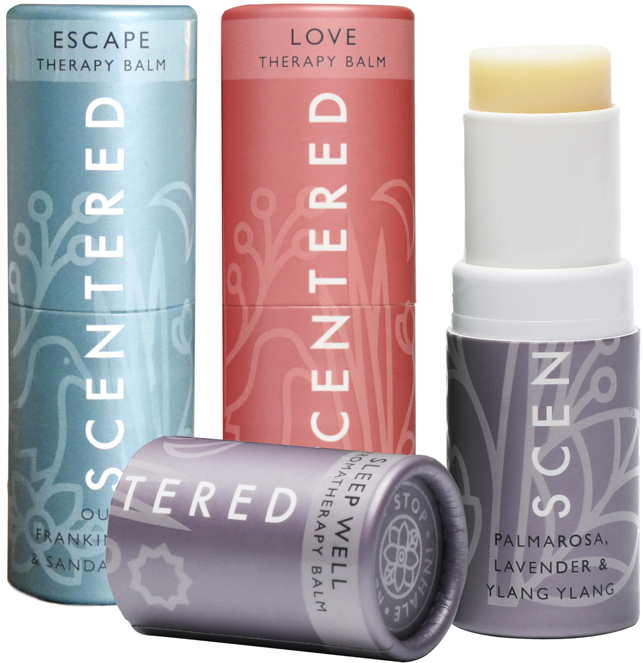 Scentered Aromatherapy Balm Gift Set - 3 Pack Essential Oil Balms for Sleep, Stress Relief & Love (Lavender, Cedarwood, Ylang Ylang) - Relaxing Self Care Gifts for Women - Perfect for Bedtime, Travel & Meditation