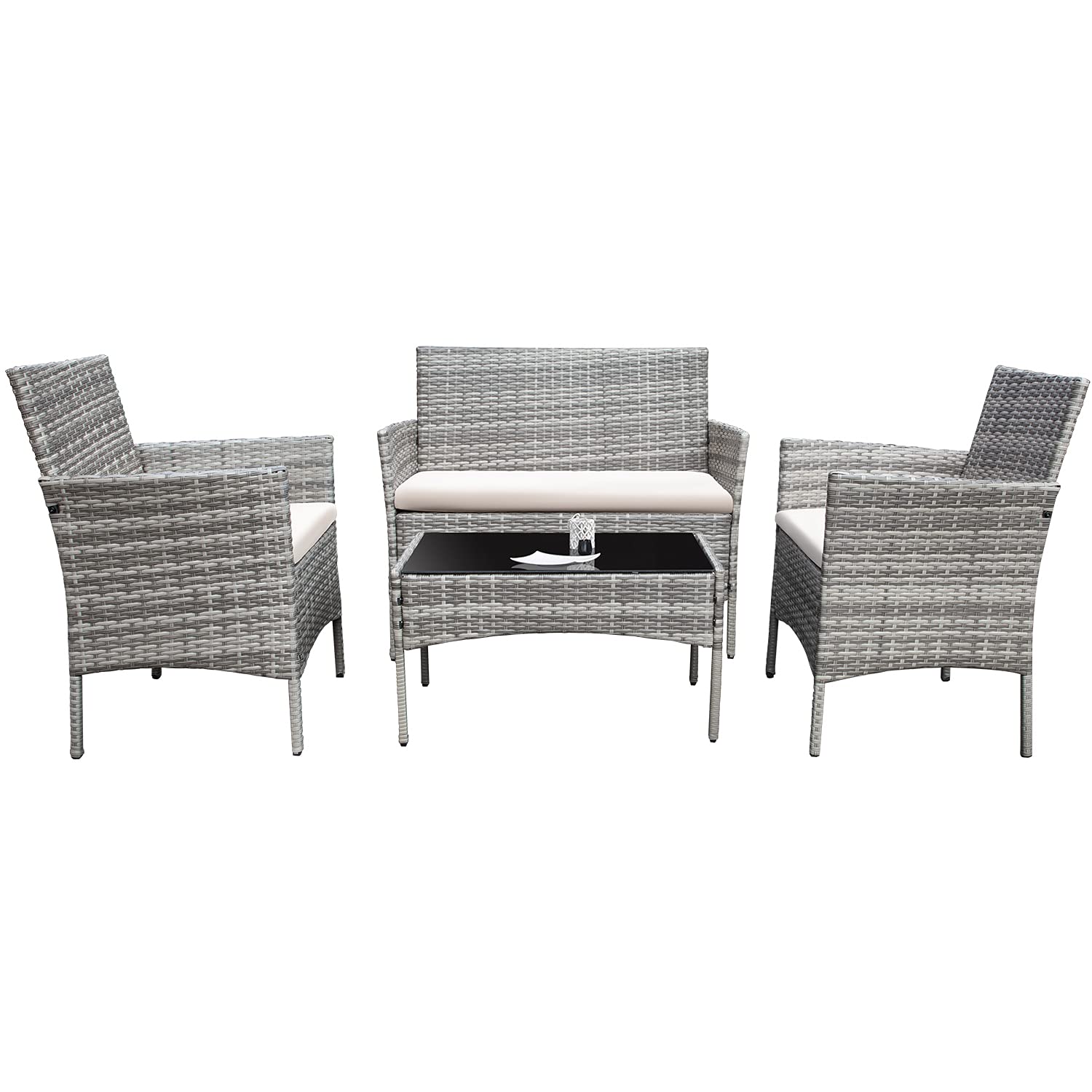 Homall 4-Piece Patio Rattan Chair Set - Indoor/Outdoor Wicker Furniture for Backyard, Porch, Garden, Poolside & Balcony - Grey & Beige - Perfect for Relaxing, Entertaining & Outdoor Dining
