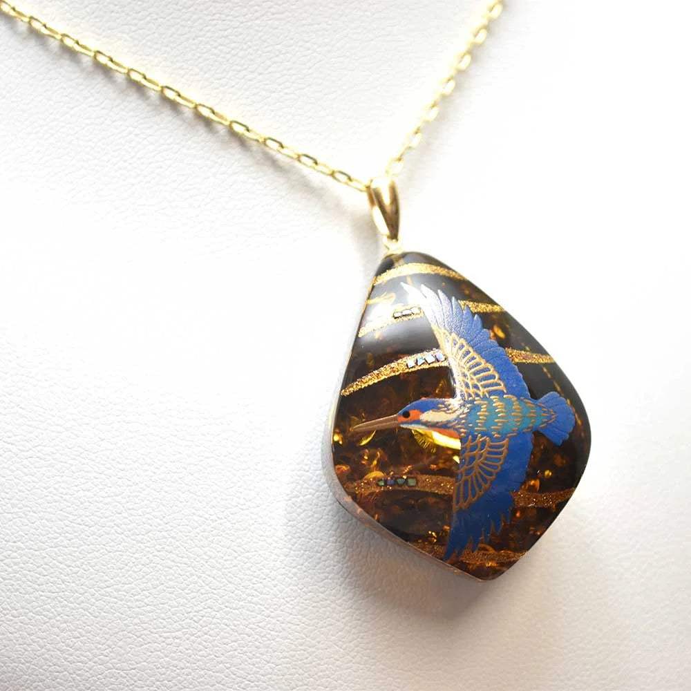 Handmade Japanese Maki-e Urushi Lacquer Pendant Necklace - Amber & Kingfisher Design, Traditional Asian Jewelry for Women | Perfect Gift for Special Occasions, Weddings & Cultural Events