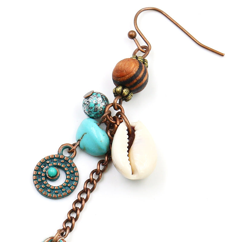 Handmade Vintage Wooden Bead Shell Tassel Earrings for Women - Boho Chic Dangle Earrings for Beach, Festival & Everyday Wear
