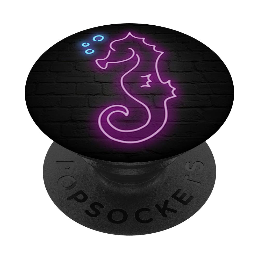 **Purple Seahorse Club Light Sign Black PopSockets PopGrip - Swappable Phone & Tablet Grip for Parties, Bars, and Home Decor**