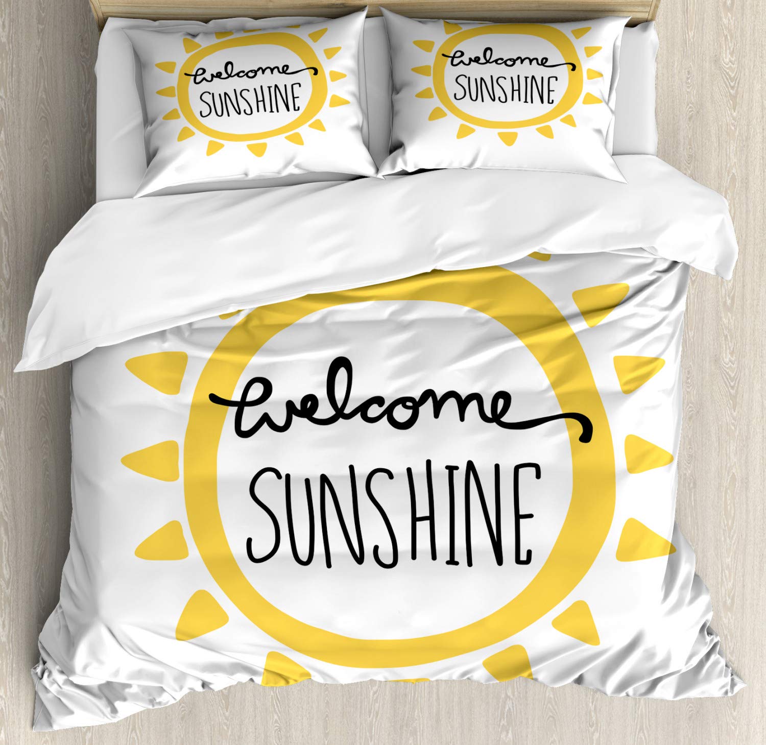 Ambesonne Modern Typographic Duvet Cover Set - 'Welcome Sunshine' Minimalist Design, 3-Piece Queen Bedding with 2 Pillow Shams in Yellow & Charcoal Grey | Perfect for Contemporary Bedrooms & Guest Rooms