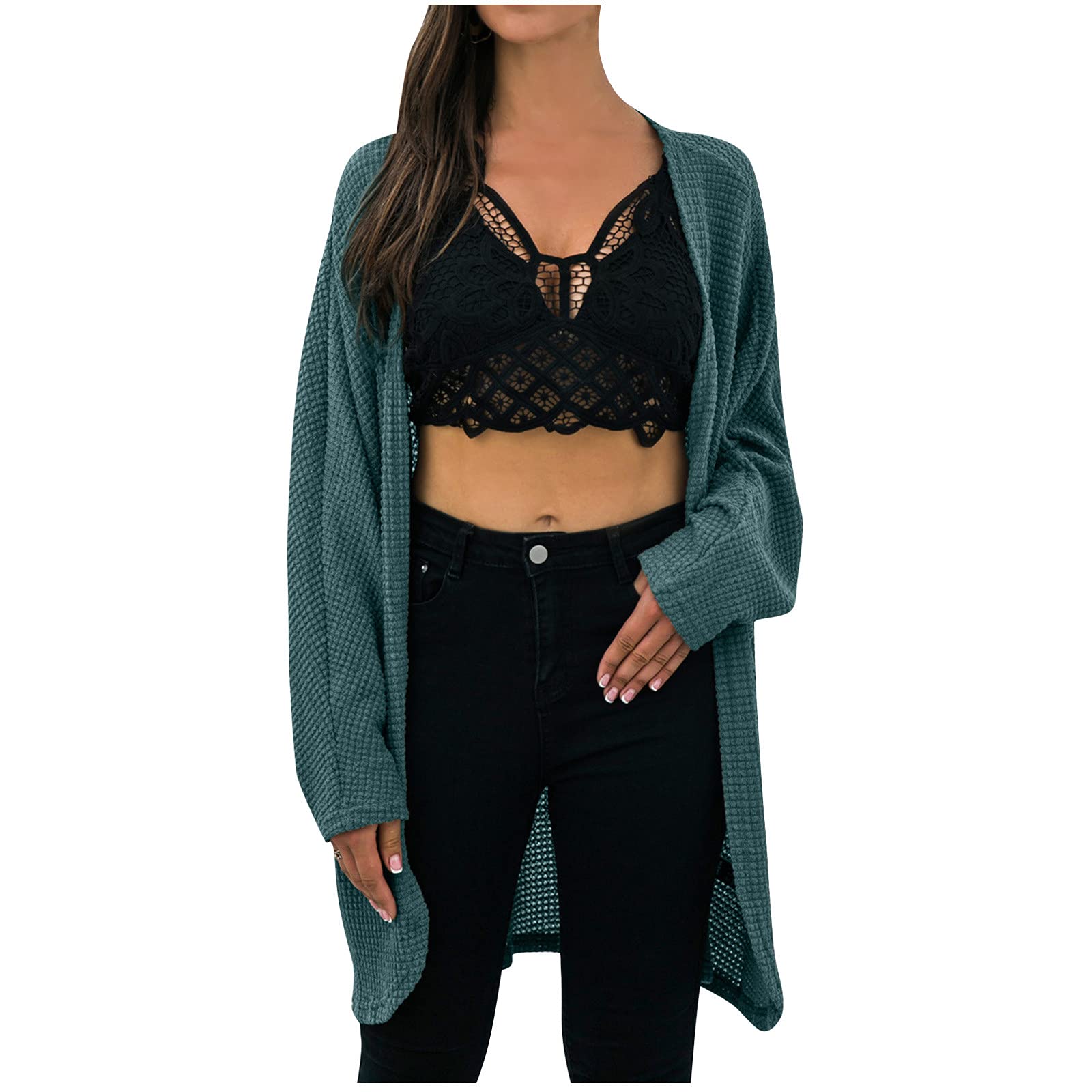 Olivcker Women's Long Sleeve Open Front Waffle Knit Cardigan Sweater - Chunky Batwing Loose Fit Cozy Outerwear for Fall & Winter - Perfect for Casual Outings, Office Wear and Coffee Dates