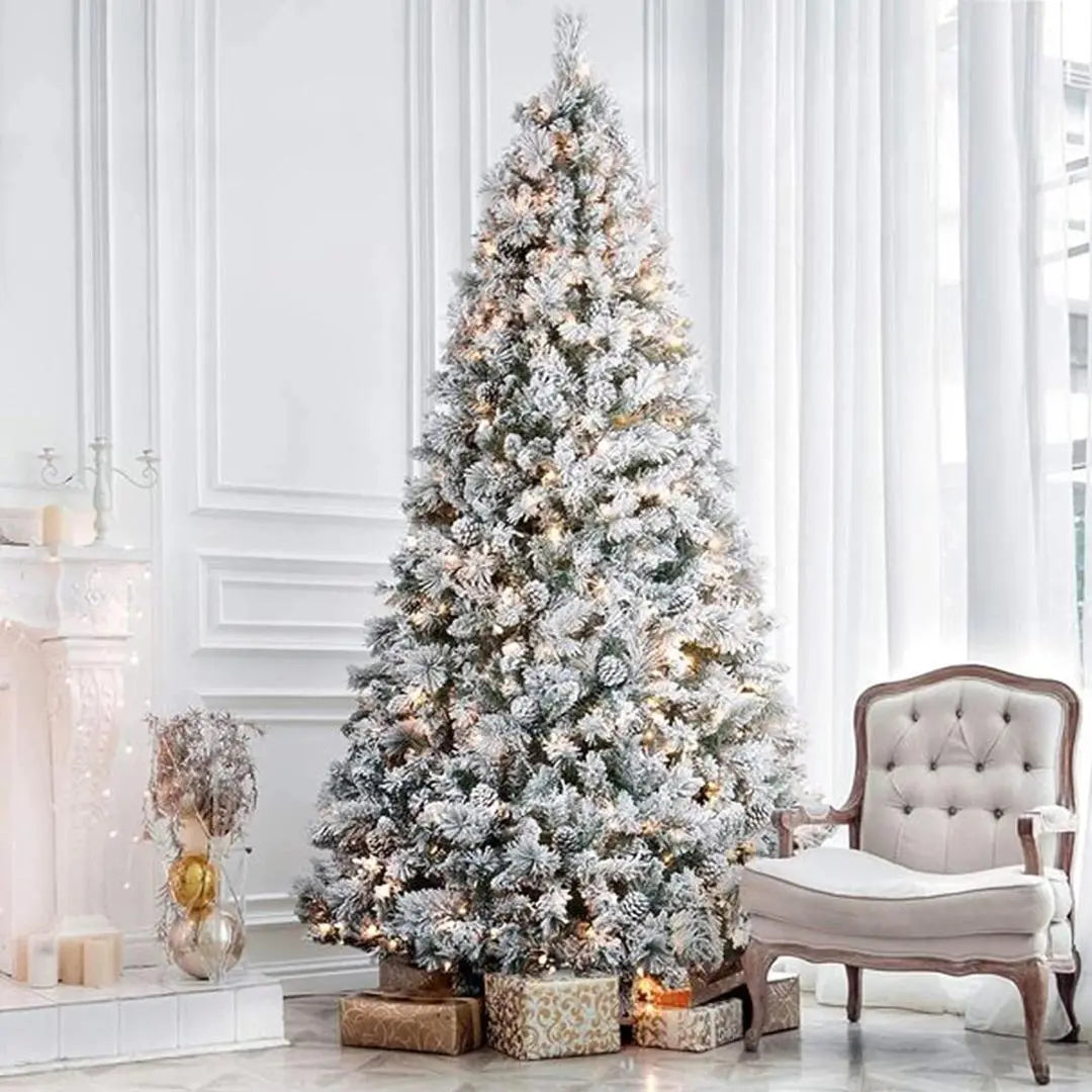6'/7.5'/9' Flocked Snow Christmas Tree with Pine Cones & Warm White LED Lights - Hinged Branches & Sturdy Metal Stand for Holiday Home Decor, Office, and Party Decoration