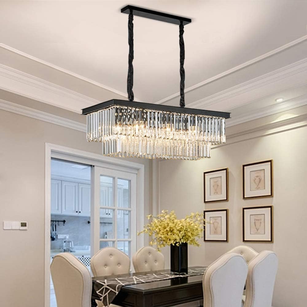 Modern 8-Light Crystal Chandelier Pendant Light Fixture - Rectangular Chrome Ceiling Lamp for Dining Room & Kitchen (33.5 Inch) - Elegant Lighting for Home Decor, Dinner Parties & Special Occasions