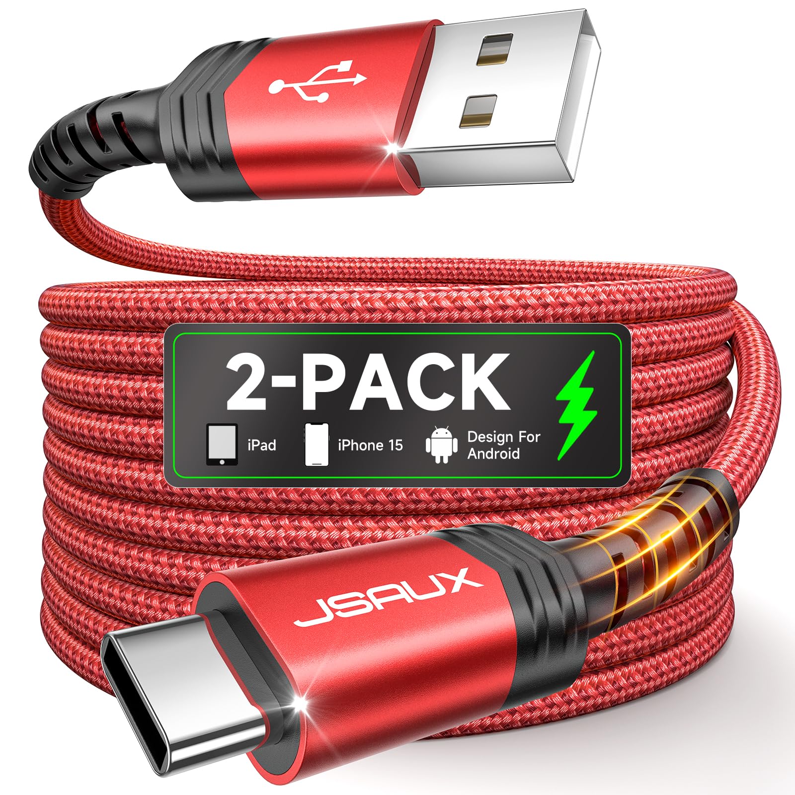 JSAUX USB C to USB A Cable 2-Pack 6.6ft, Fast Charging 3.1A Cord Compatible with iPhone 16/15 Series, Samsung Galaxy S20/S10/S9, Note 20/10, CarPlay - Red | Perfect for Home, Office & Car Charging