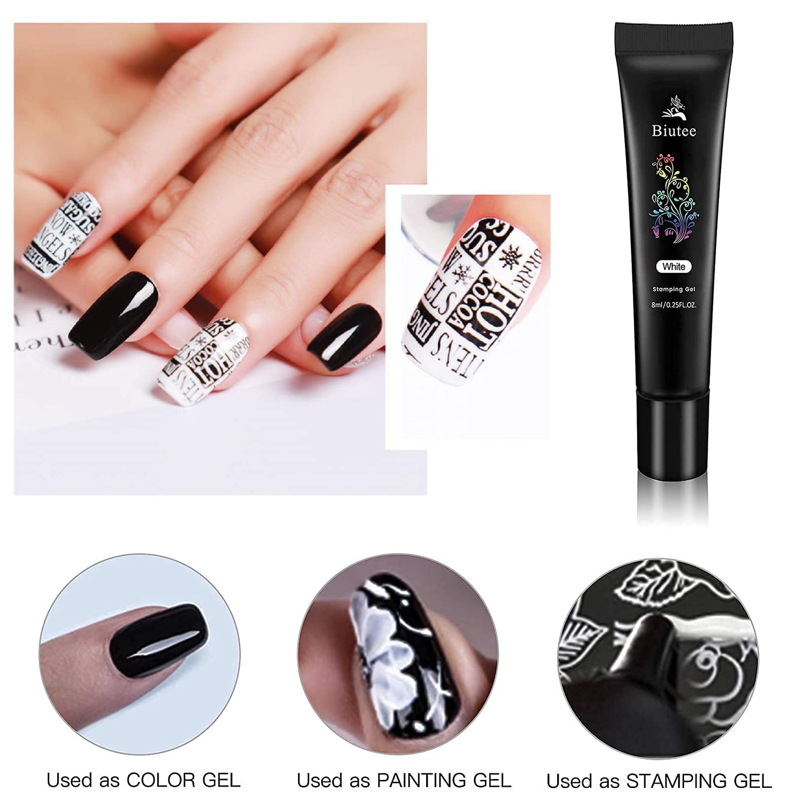 8 Colors UV Nail Stamping Gel Polish Set - Red Black White Purple Blue Silver Soak Off Printed Polish for Nail Stamp Plate & Stamper | DIY Nail Art Design Kit for Salon, Home Manicure & Professional Nail Artists