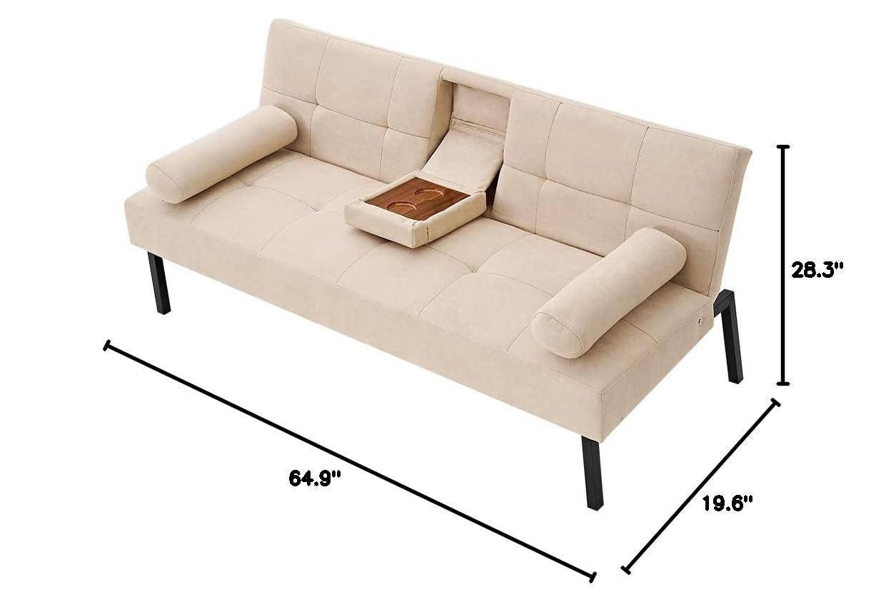 Panana Modern Convertible Futon Sofa Bed - Linen Fabric Upholstered, 5-Angle Adjustable with 2 Cup Holders, Beige | Space-Saving Daybed & Guest Bed for Small Apartments, Dorms & Home Offices