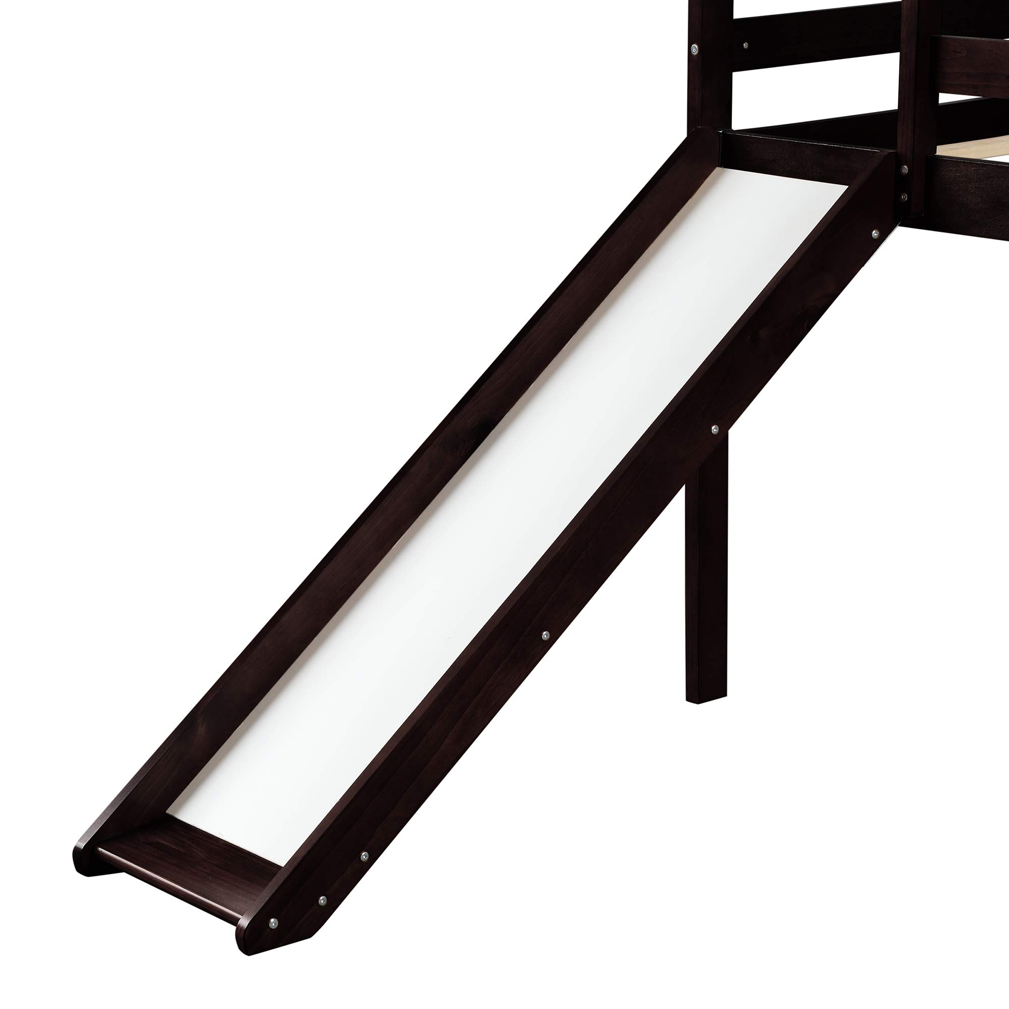 JULYFOX Twin Loft Bed with Slide for Kids - Solid Pine Wood Bunk Bed Frame with Ladder, Headboard & Guard Rails - No Box Spring Needed - Space-Saving Junior Bed for Teens & Small Rooms - Perfect for Bedrooms, Playrooms & Dormitories (Espresso)