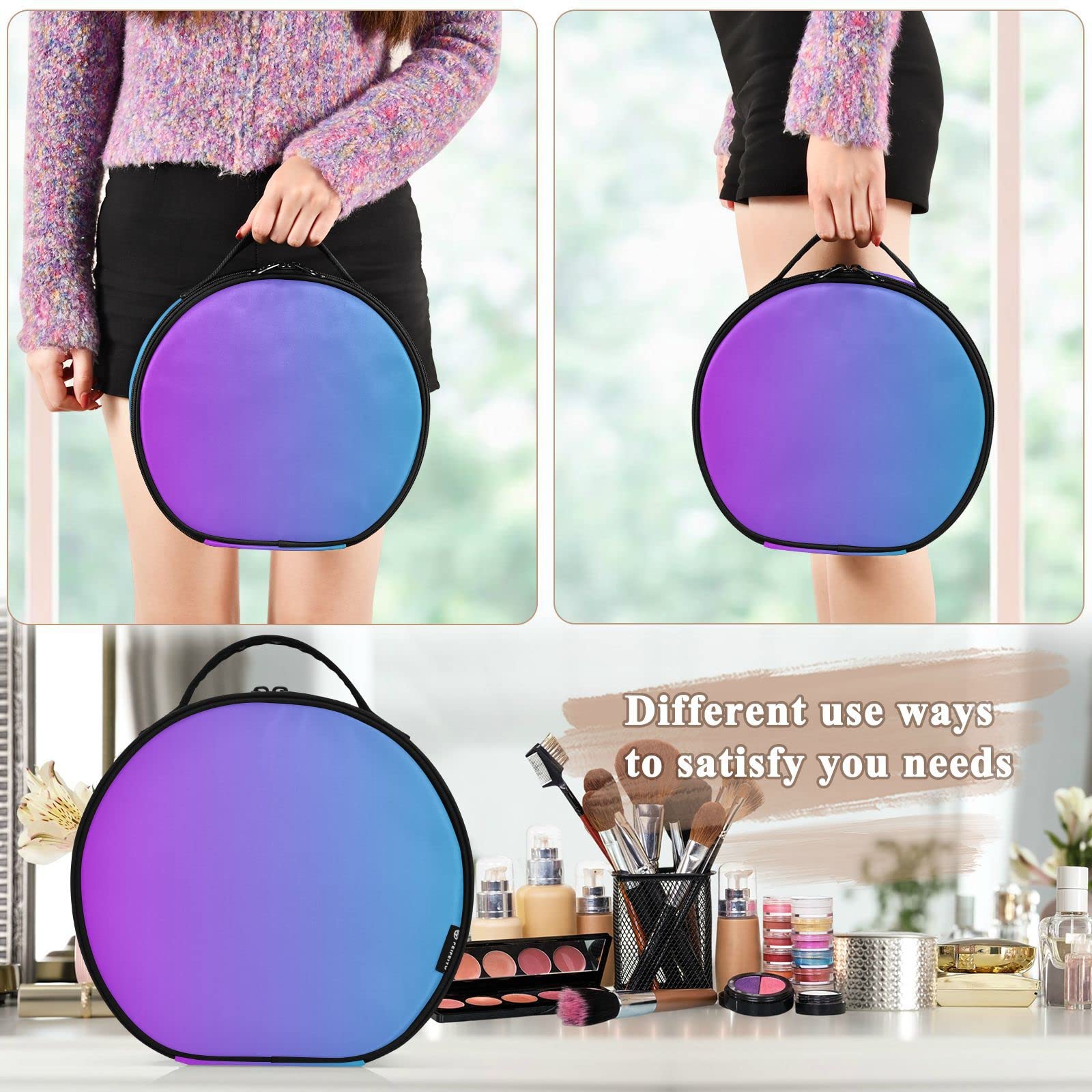 Linqin Travel Makeup Organizer - Portable Adjustable Makeup Bag for Women with Dividers, Blue Purple Gradient Cosmetic Case for Jewelry, Brushes & Toiletries | Perfect for Travel, Home Storage & On-the-Go Organization