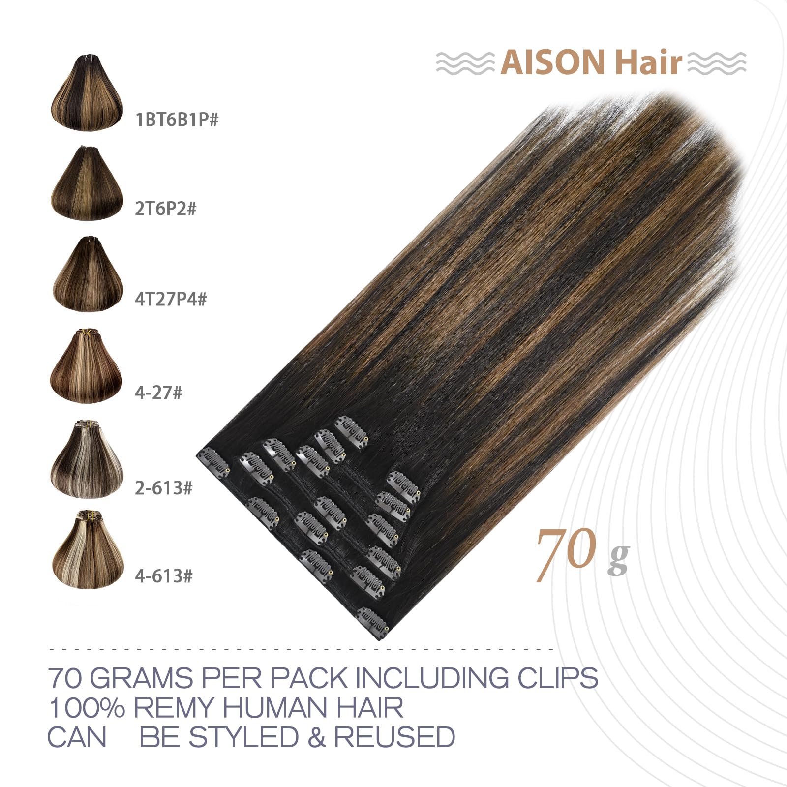 Aison 20 Inch Clip in Hair Extensions 70G - 100% Remy Human Hair, Dark Brown to Chestnut Brown, Silky Straight, 7pcs 16 Clips | Natural Looking Hair Extensions for Women | Perfect for Daily Wear, Parties, Weddings & Special Occasions