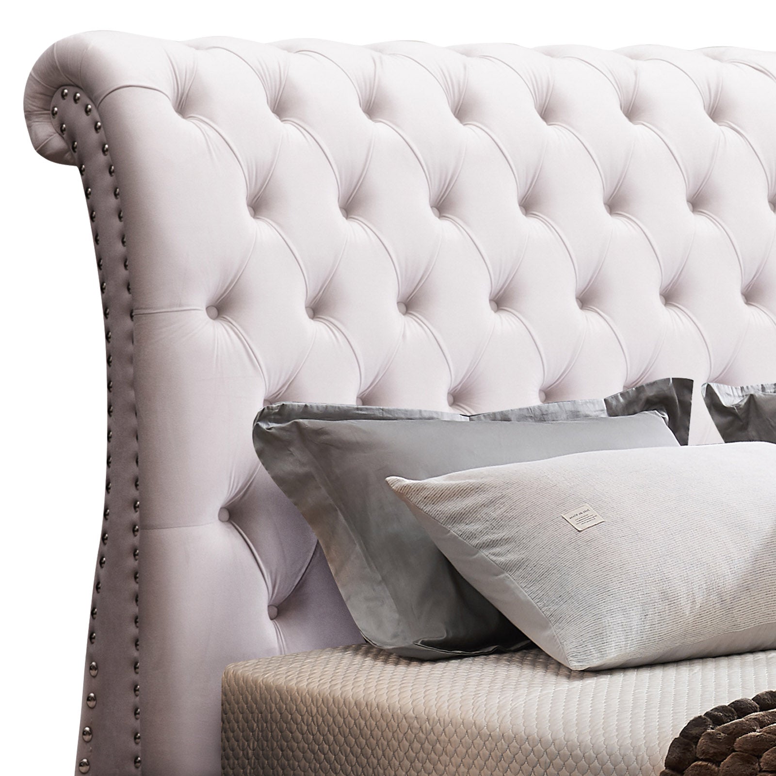 Luxe Royal Sleigh Queen Size Bed Frame with Beige Velvet Upholstery - Elegant Bedroom Furniture for Master Suite & Guest Room Decor
