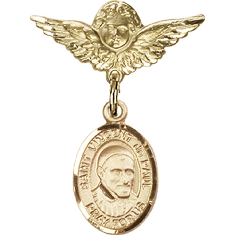 Gold Filled Baby Badge with St. Vincent de Paul Charm & Angel Wing Pin - 1 x 3/4 Inch Religious Jewelry - Perfect for Baptism Gifts, Christening Keepsakes & First Communion Accessories