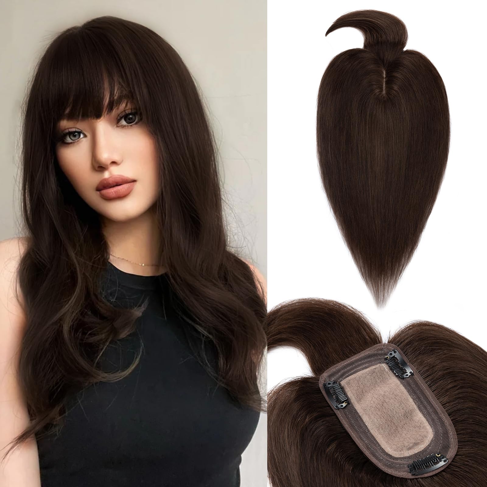 Premium Benehair Clip-In Hair Toppers for Women - 12 Inch #2 Dark Brown 150% Density Remy Human Hair with Bangs (7x13cm Silk Base) - Natural Solution for Thinning Hair | Perfect for Daily Wear, Special Occasions & Styling