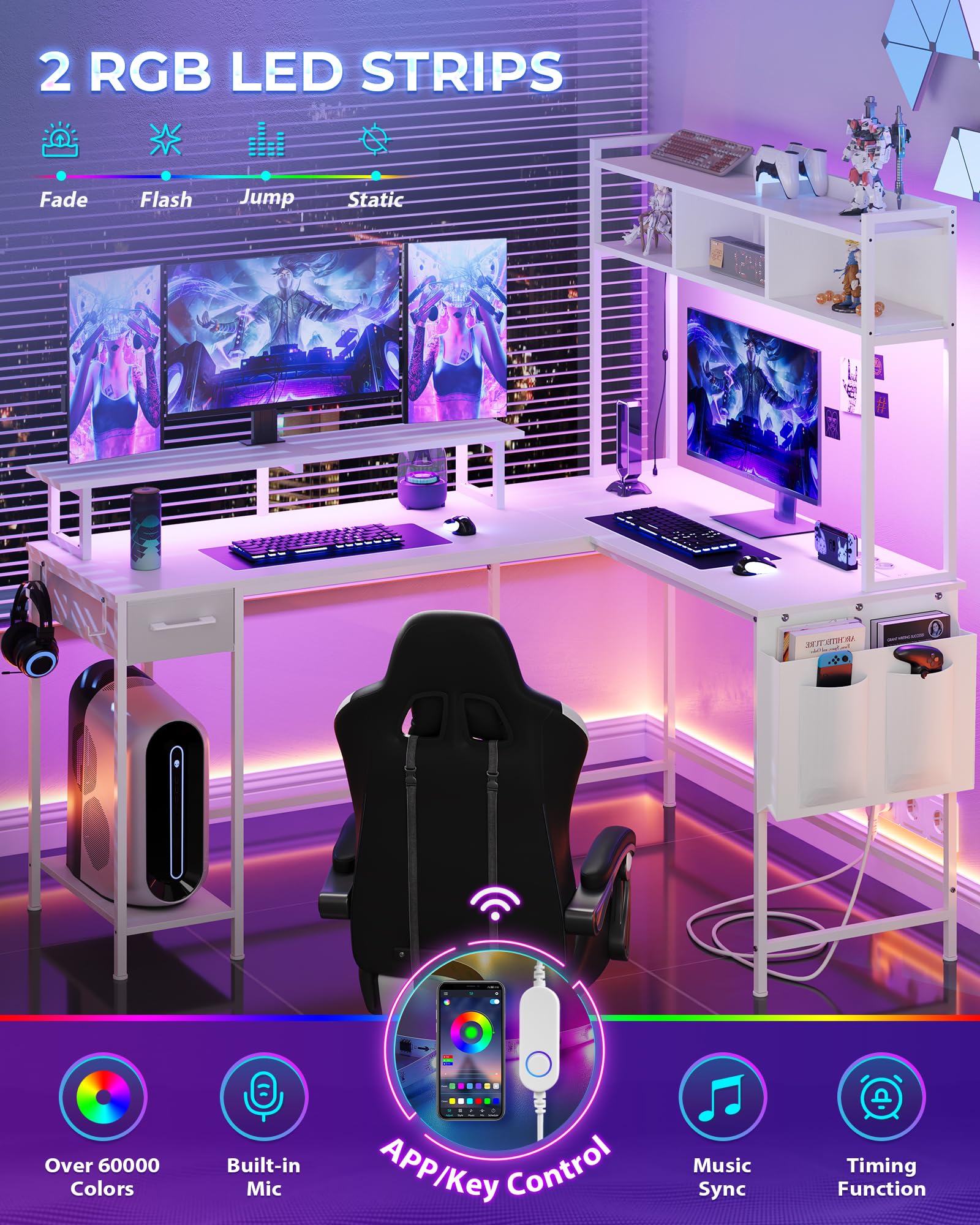 L-Shaped Computer Desk with LED Lights & Power Outlet, Gaming Desk with Bookshelf & Monitor Stand, Reversible Office Desk with Drawers & 2 Hooks - White for Home & Office Workspace