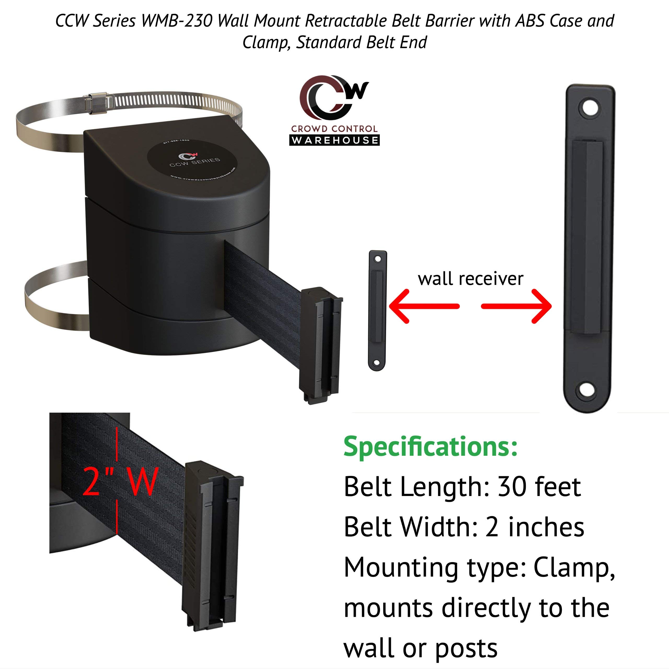 CCW Series WMB-220 & WMB-230 Retractable Wall Mount Belt Barrier - 30ft Safety Belt with ABS Case & Clamp (Red Belt with 'Authorized Access ONLY' White Lettering & Yellow ABS Housing) - Perfect for Crowd Control, Warehouse Security, and Event Management