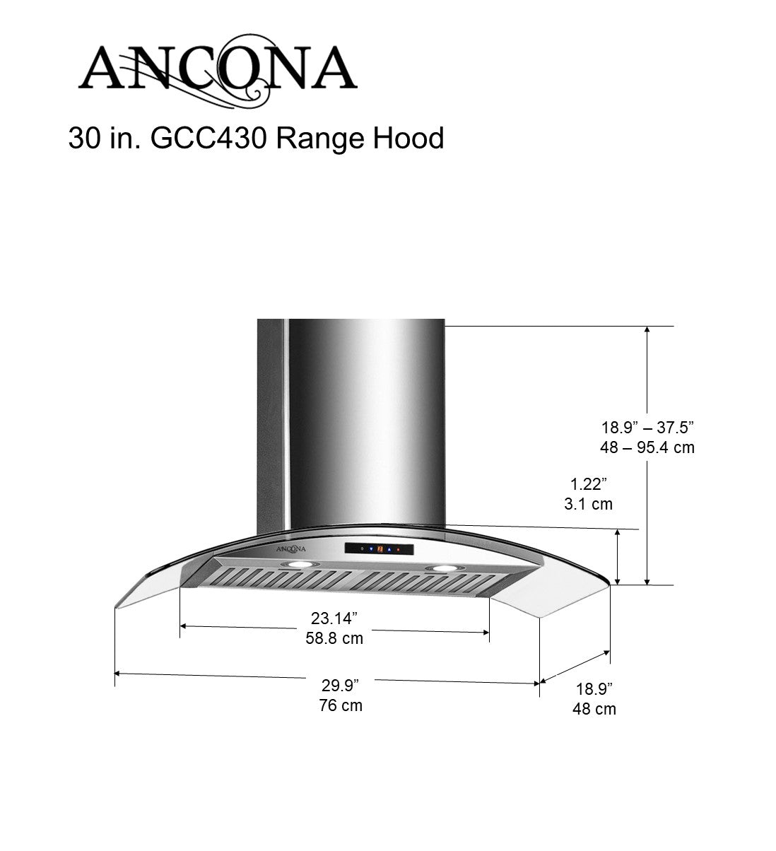 GCC430 30-Inch Stainless Steel Wall Mount Range Hood with Glass Canopy - Powerful 900 CFM Kitchen Vent Hood for Smoke and Odor Removal - Perfect for Modern Home Kitchens and Open Concept Living Spaces