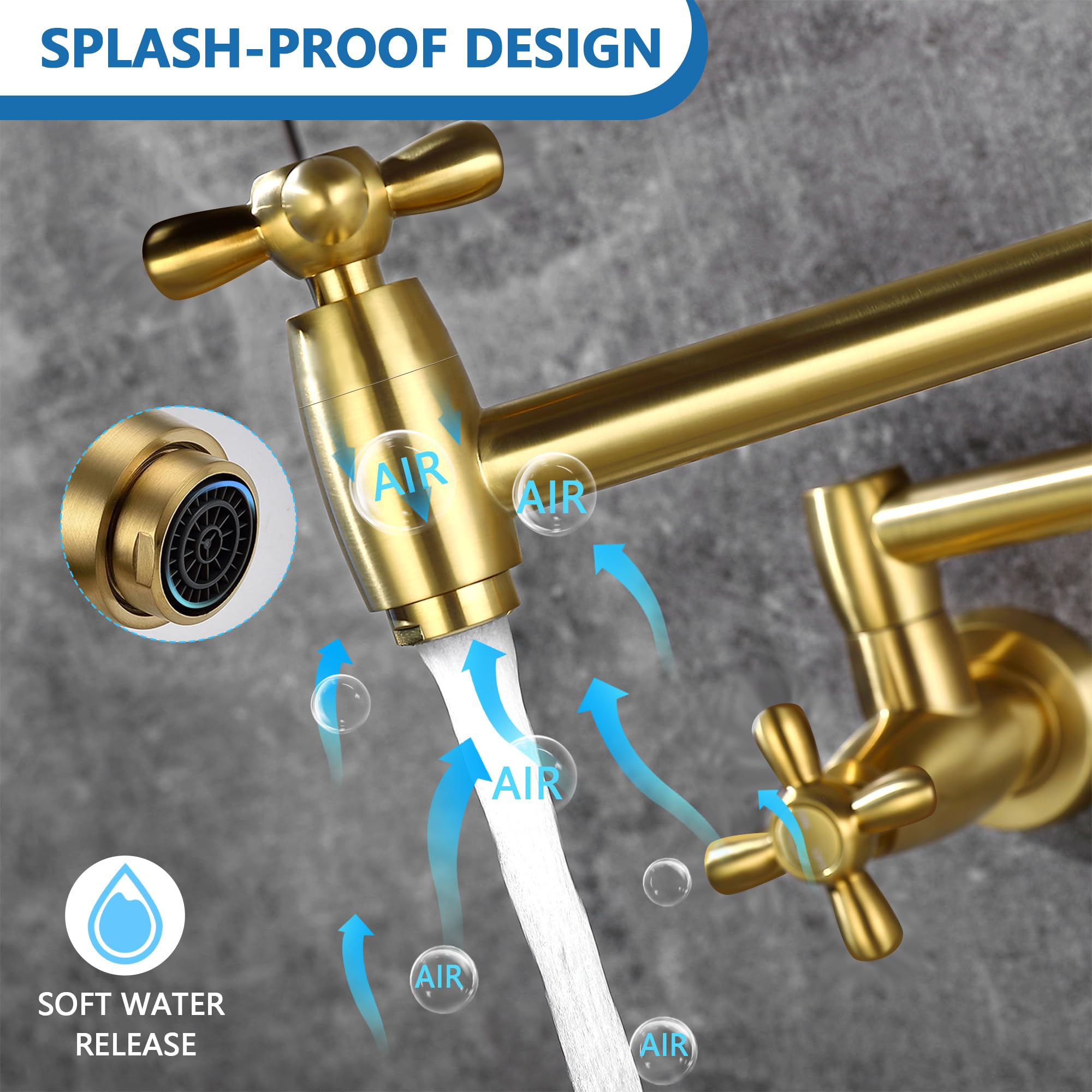 Brushed Gold Wall Mounted Pot Filler Faucet with Swing Arm - Brass Stove Faucet with Extendable Arm & Dual Cross Handles - Perfect for Kitchen Sink, Cooking Area, and Behind Stove Installation