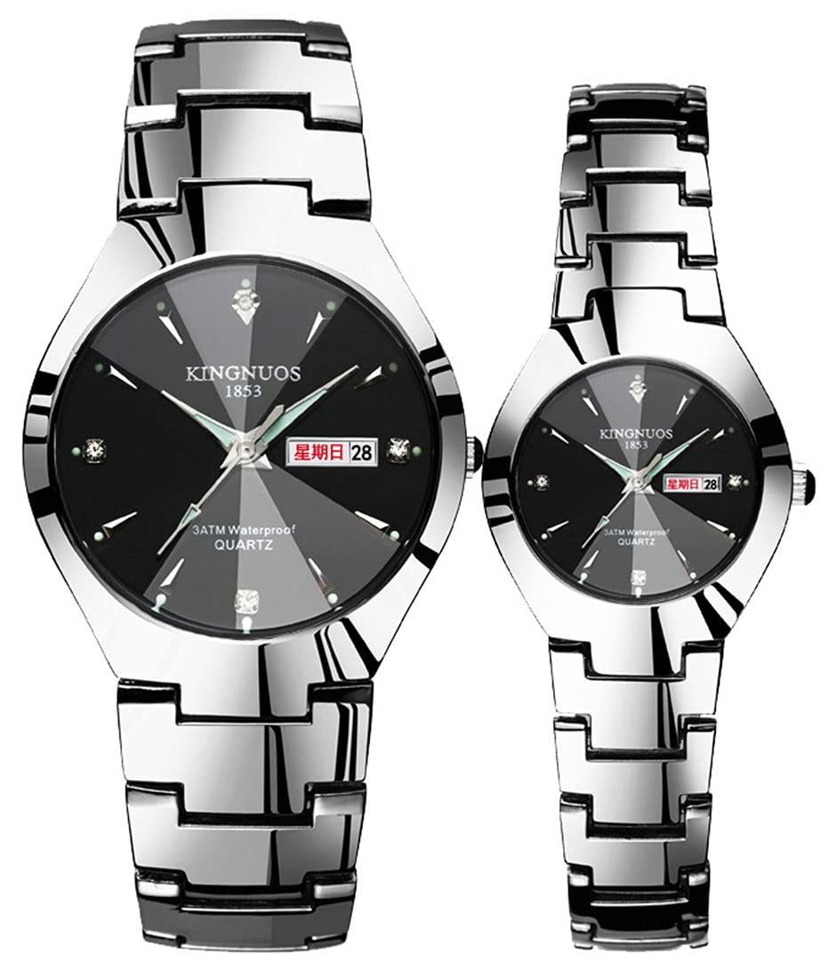 Luxury Stainless Steel Couple Watches for Men & Women - Matching Pair with Calendar, Waterproof Wristwatches for Anniversary, Wedding, and Everyday Wear