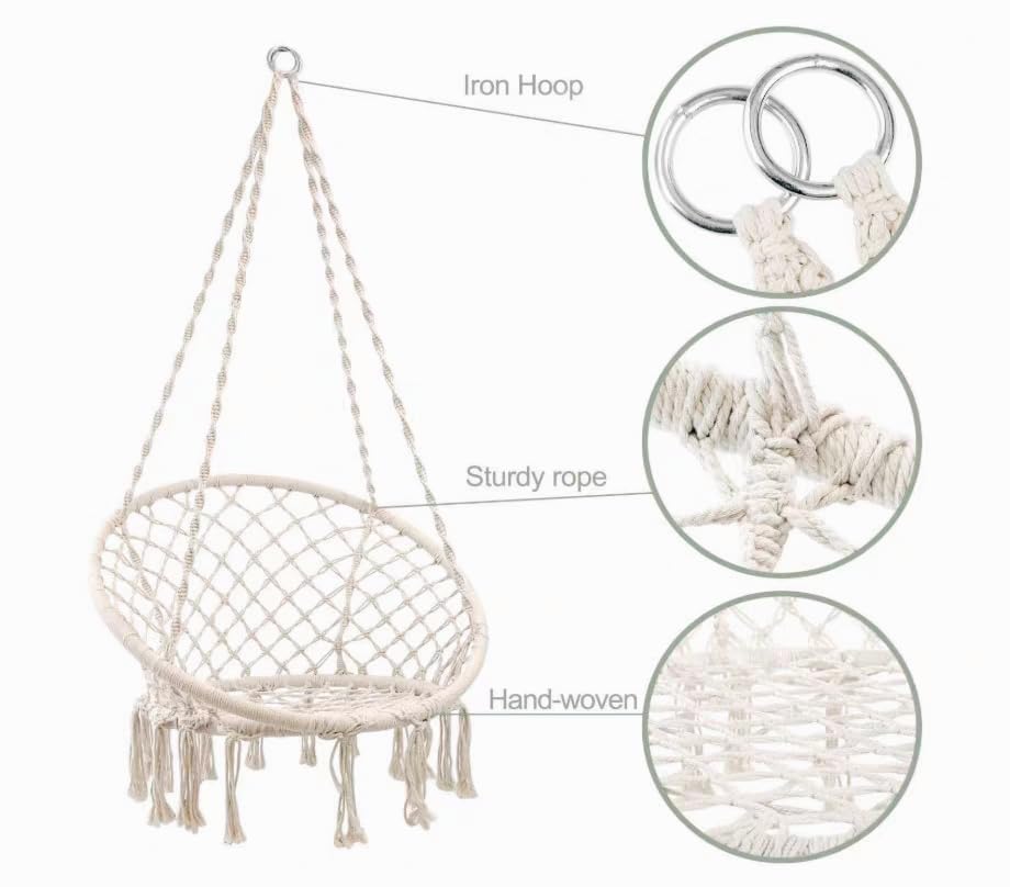 Comfortable Cotton Rope Hammock Swing Chair with Cushion & Hardware Kit - Indoor/Outdoor Hanging Chair for Balcony, Bedroom, Porch - Supports 330 lbs - Perfect Relaxation for Kids & Adults