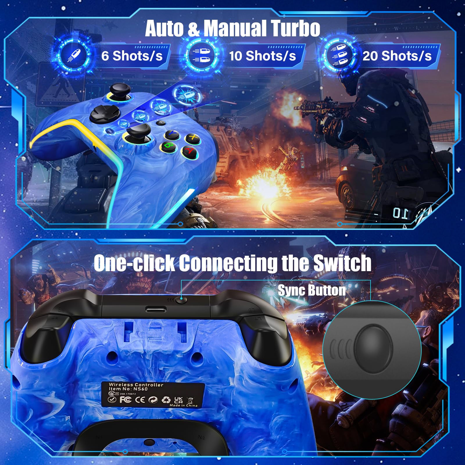 Wireless Nintendo Switch Pro Controller - Compatible with Switch, Switch Lite & OLED, 1200mAh Rechargeable Gamepad with RGB LED Lights, 6-Axis Gyro, Turbo, Motion Controls - Perfect for Gaming, Multiplayer & Long Play Sessions (Blue)