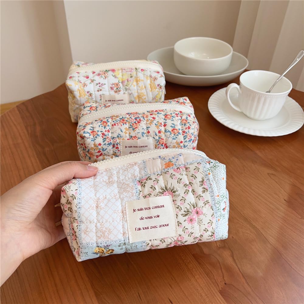Floral Makeup Bag Small Cotton Quilted Cosmetic Pouch - Aesthetic Preppy Travel Organizer for Women & Girls | Perfect for Toiletries, Makeup Storage & Travel Accessories (Blue Floral, Small)