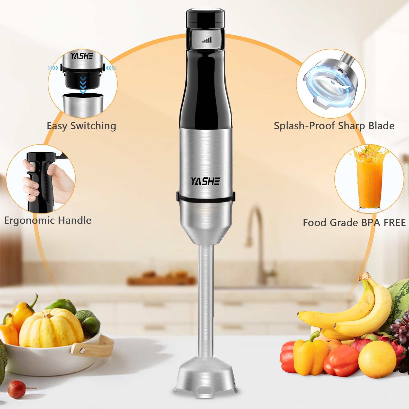 YASHE 5-in-1 Immersion Hand Blender with Variable Speed - Stainless Steel Shaft & Powerful Motor - Includes Chopper, Whisk & Milk Frother - Perfect for Soups, Smoothies & Baby Food Preparation