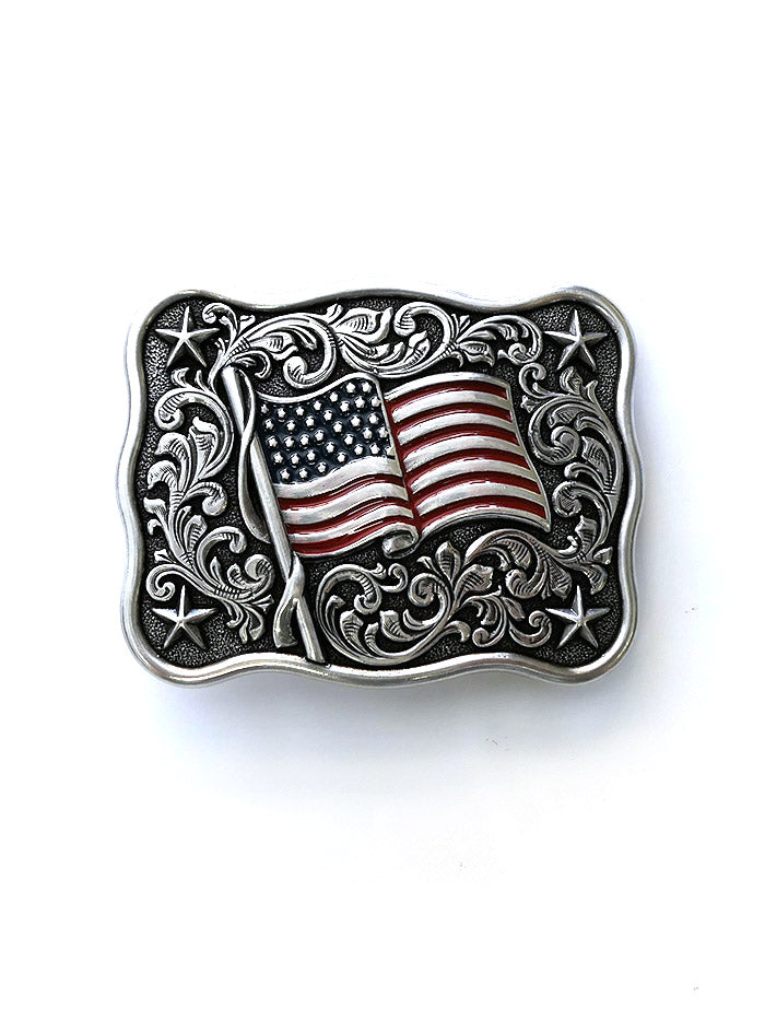 Nocona 37706 Kids Rectangle Smooth Edge Scroll Stars USA Flag Belt Buckle for Boys & Girls - Perfect for Western Outfits, Rodeo Events & Patriotic Occasions