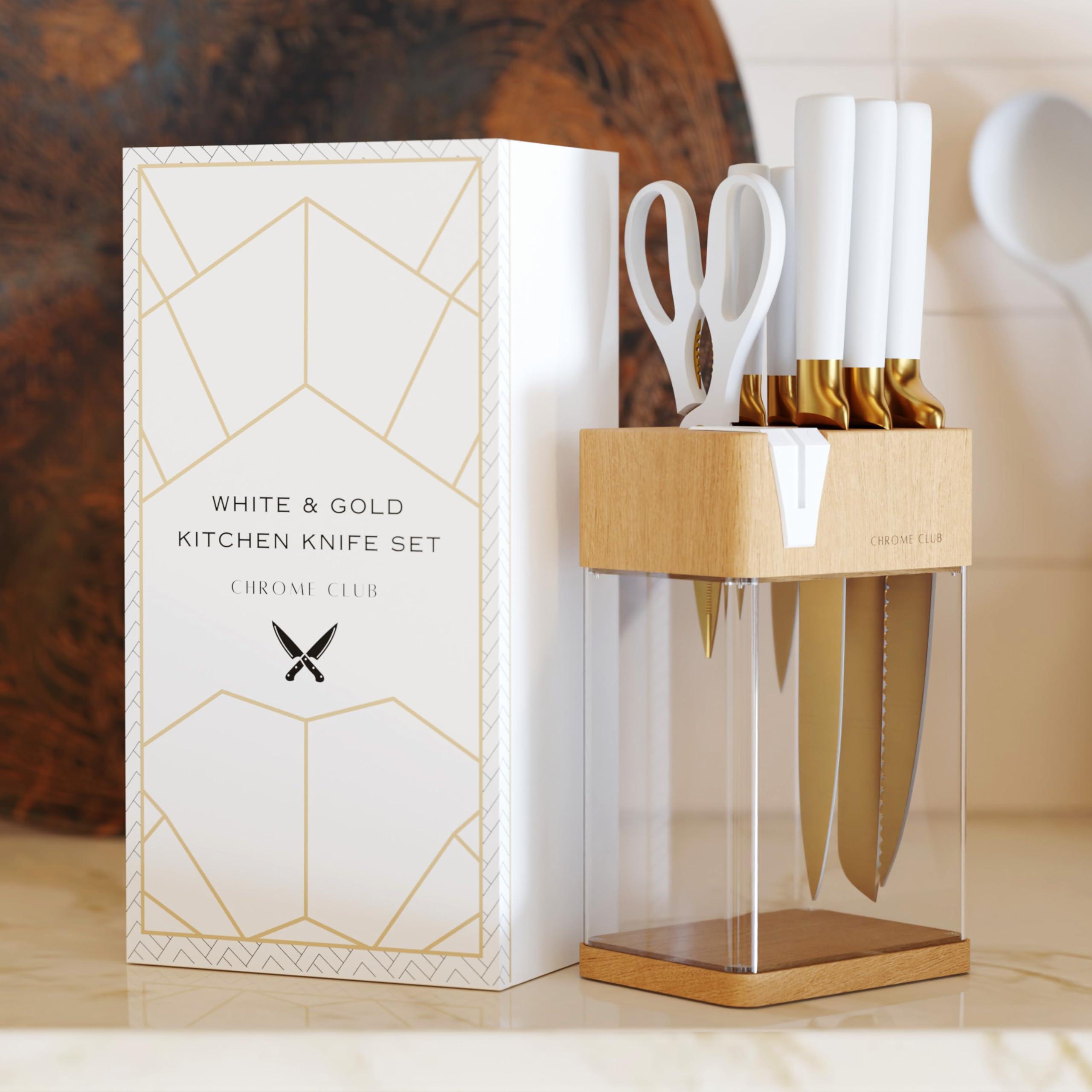 White and Gold 7-Piece Kitchen Knife Set with Sharpener, Scissors & Wooden Block - Premium Gold-Tone Knives for Effortless Cooking, Slicing & Meal Prep