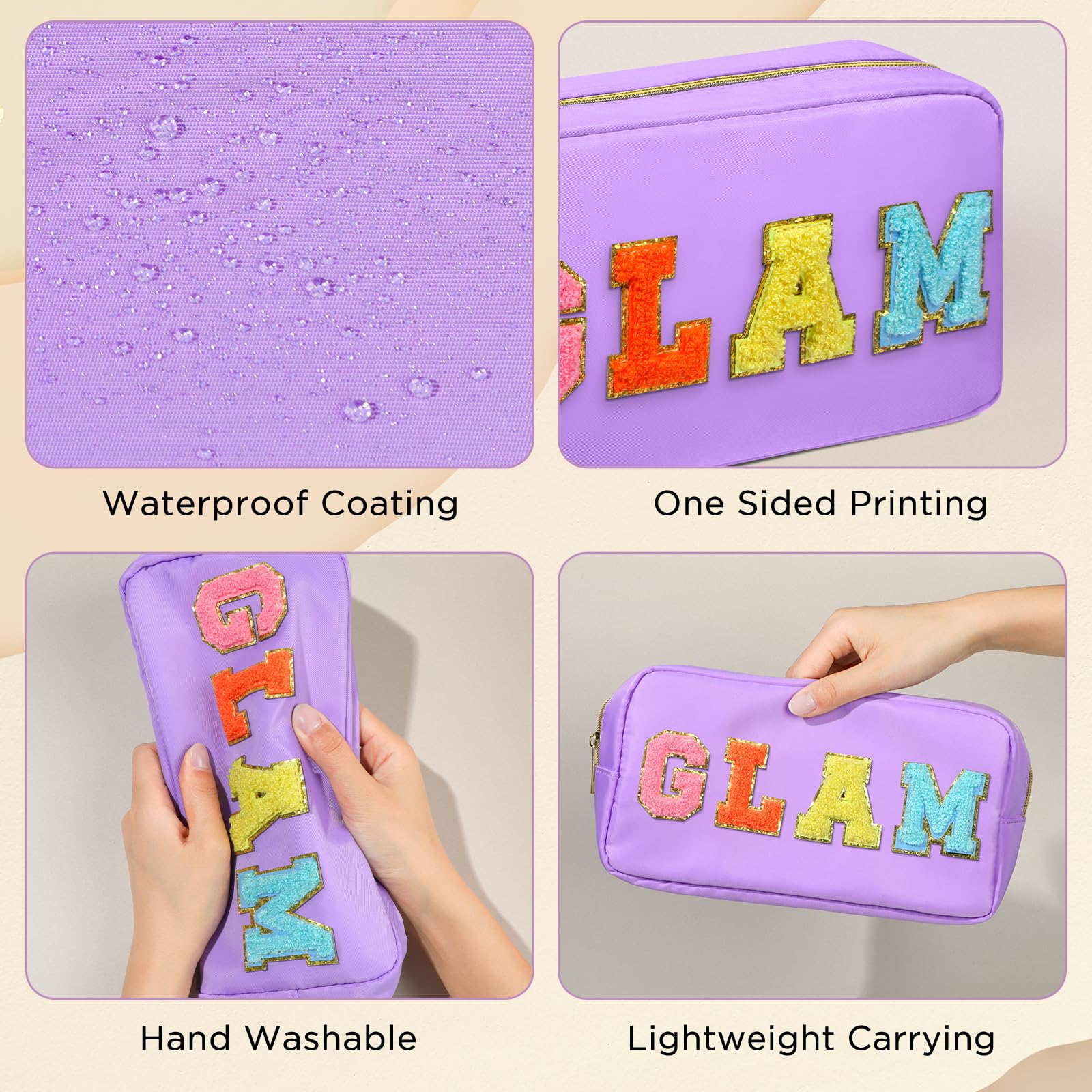 GLAM Chenille Letter Makeup Bag with Zipper - Large Capacity Waterproof Cosmetic Pouch for Women & Teens | Perfect for Travel, Gym & Daily Organization (Purple GLAM)