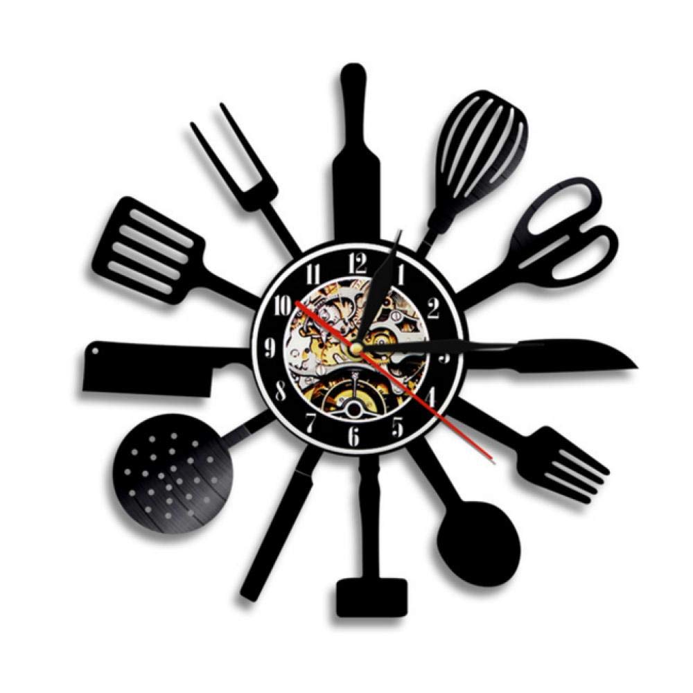 Vintage Kitchen Cutlery Wall Clock - Vinyl Record Design with Spoon, Fork, Knife - Unique Tableware Decorative Clock for Foodie Gift, Perfect for Kitchen, Dining Room, or Cafe Decor